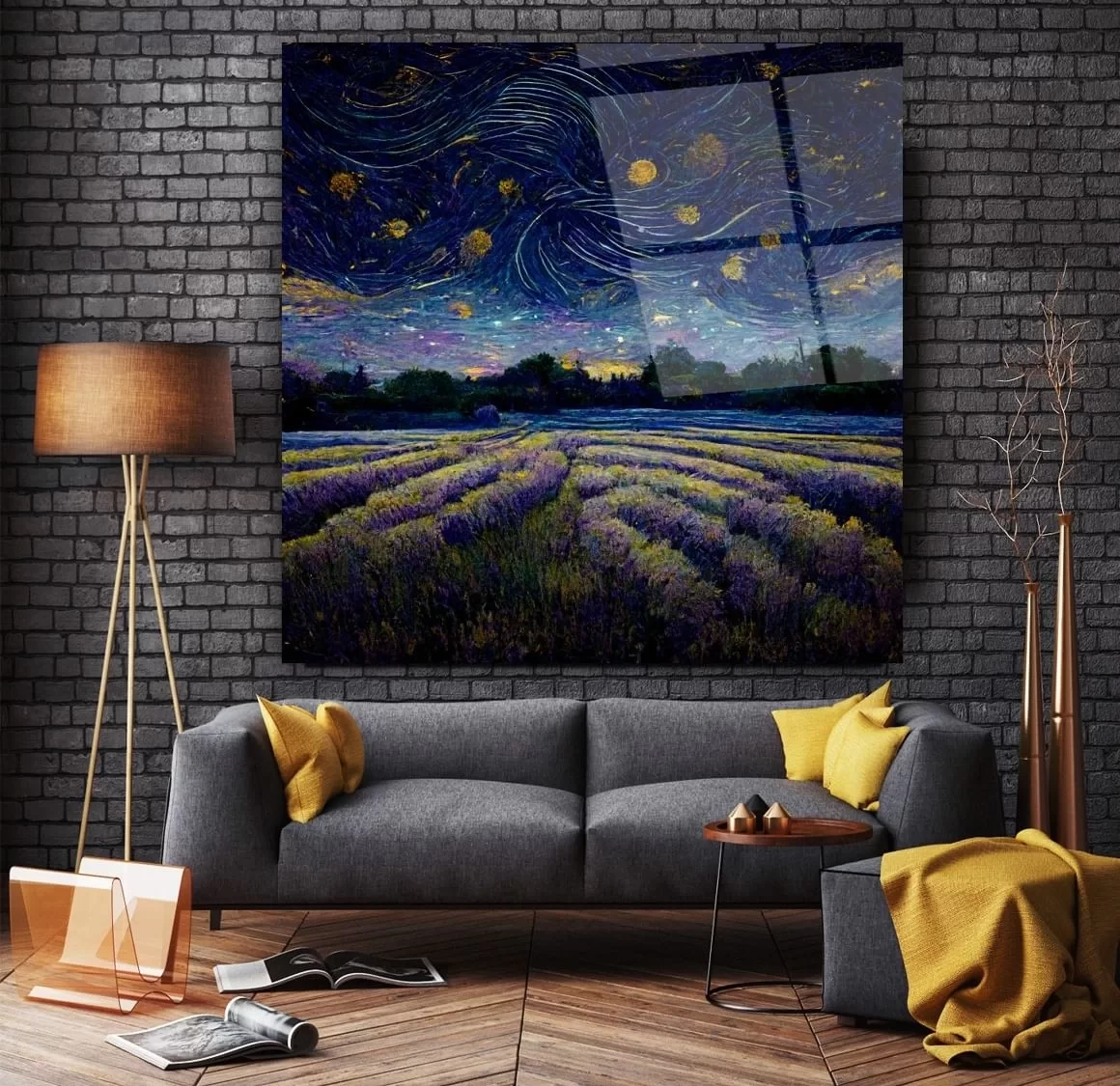 Lavender Field Night and Floral Sky Artistic Glass Painting