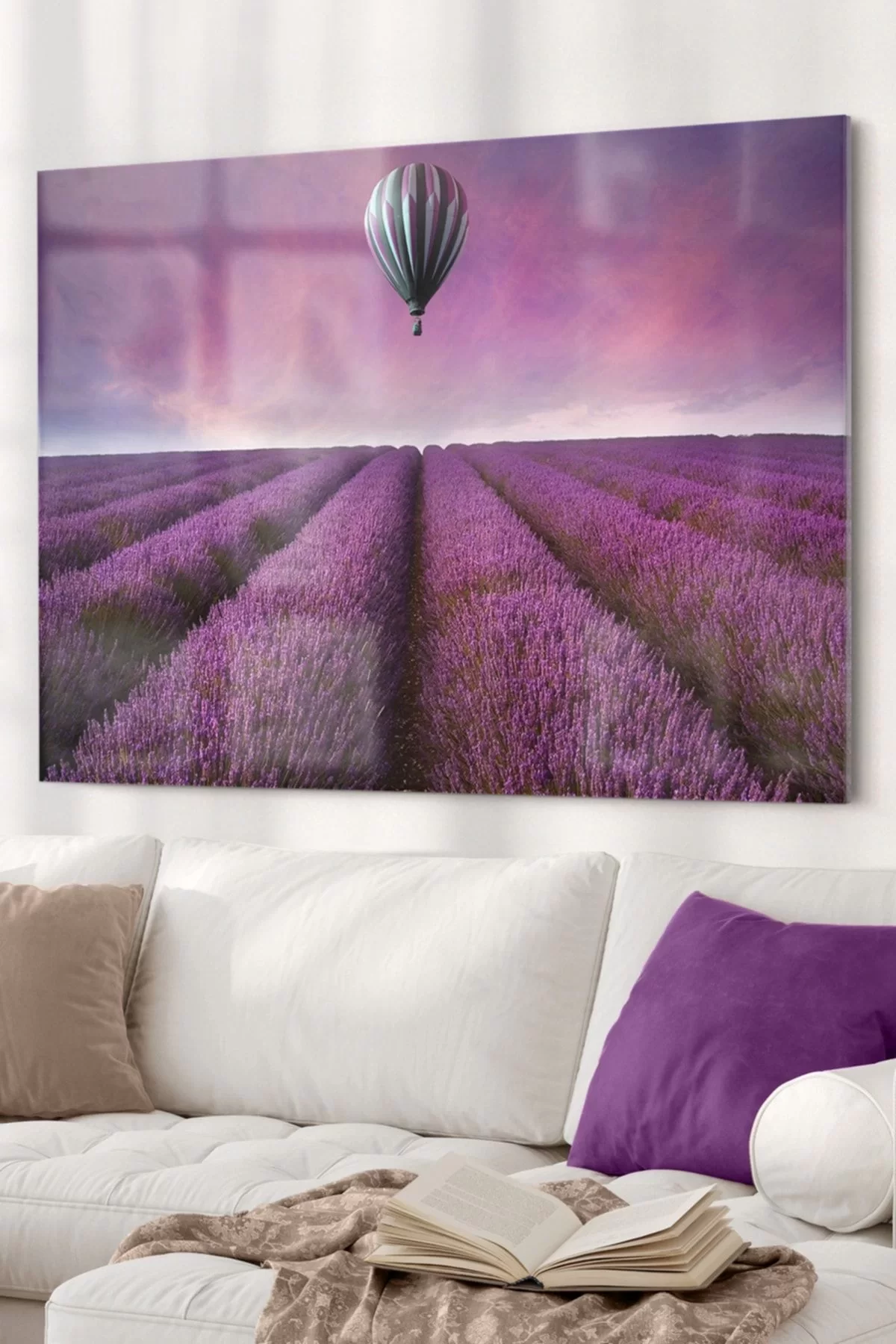 Lavender Field and Flying Balloon | Landscape Themed Glass Painting | 50x70cm