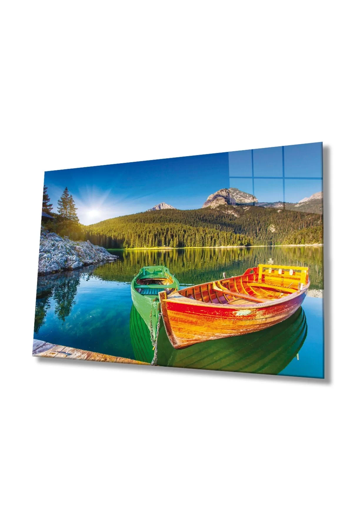 Landscape Boat Lake And Mountain Glass Painting Home And Office Wall Decoration