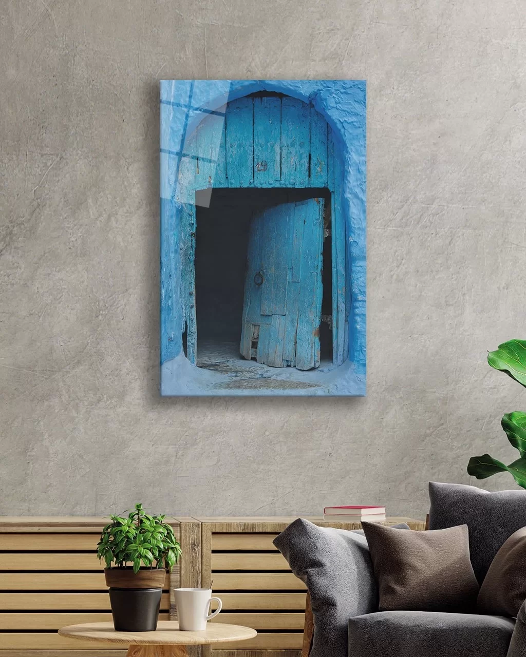 Glass Painting with Blue Wooden Old Door Image