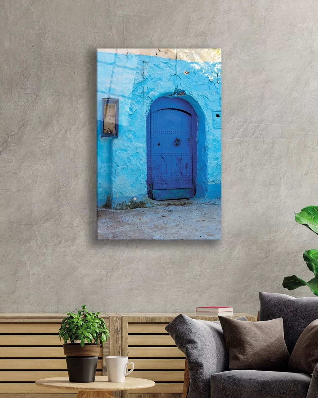 Glass Painting with Blue Wooden Door Image