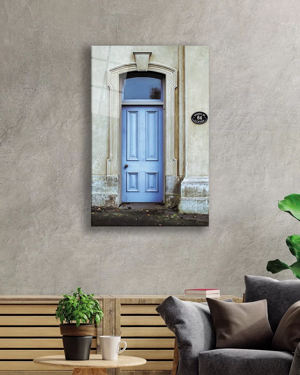 Glass Painting with Blue Wooden Door Image