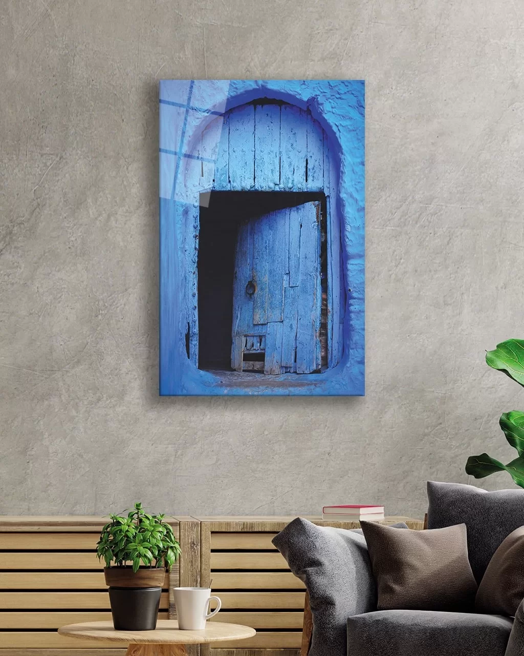 Vertical Glass Painting with Blue Wooden Door Image