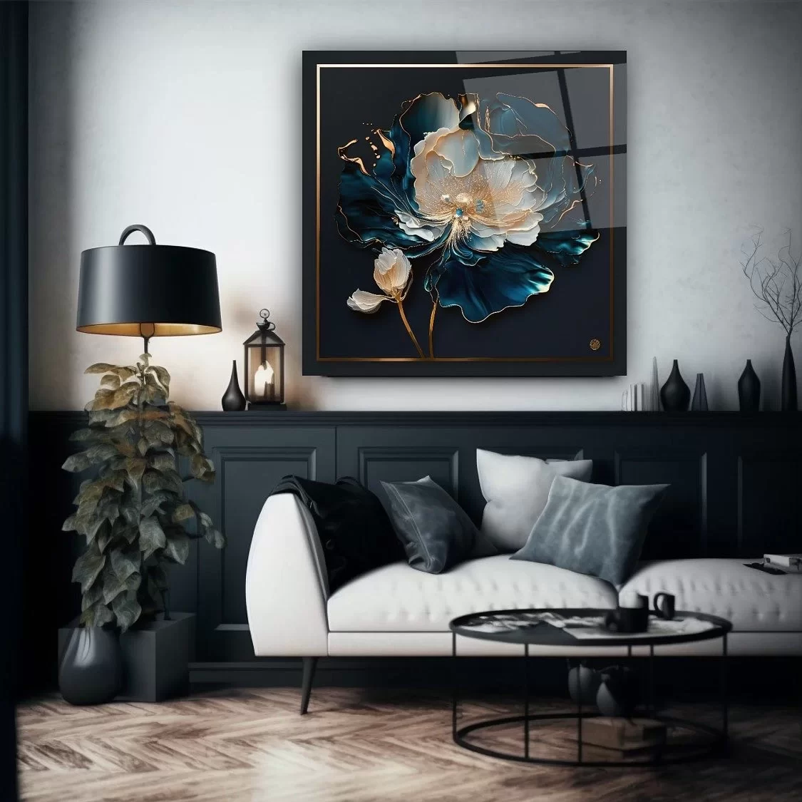 Blue White Flower Artistic Glass Painting