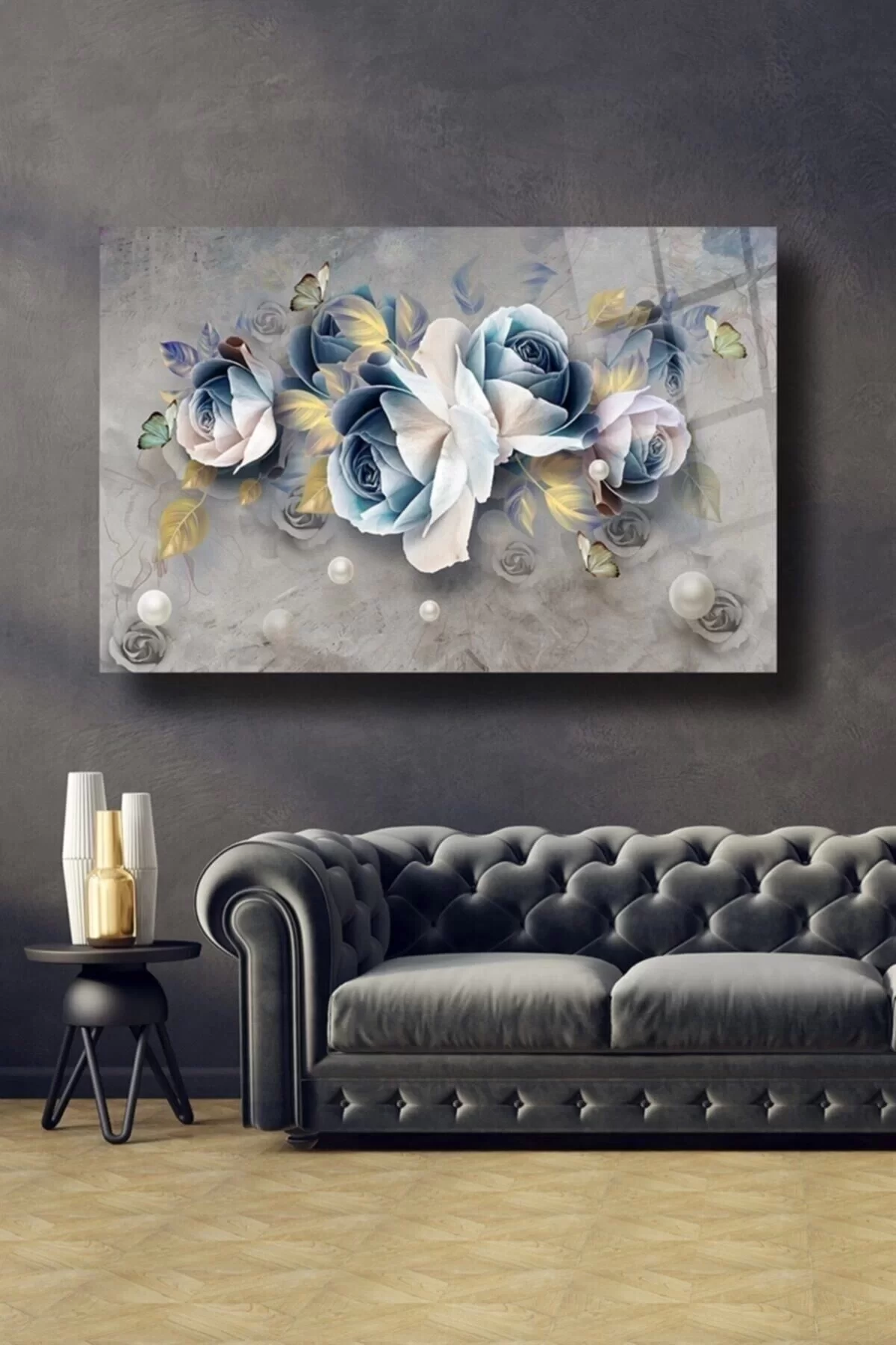 Blue White Flowers Glass Painting Wall Decoration