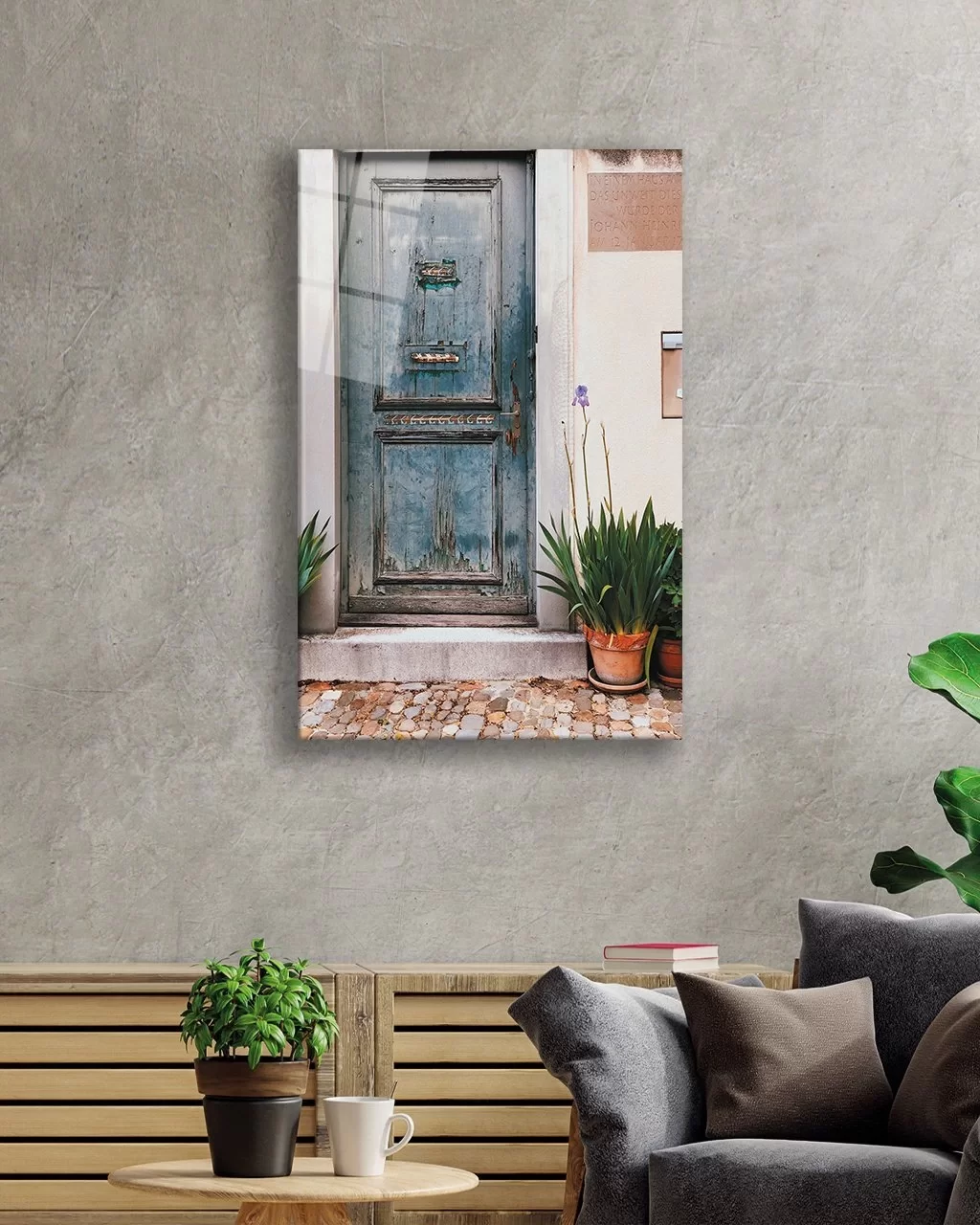 Vertical Glass Painting with Blue Old Wooden Door Image