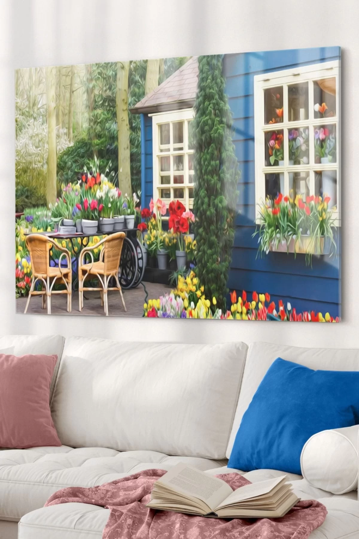 Blue House And Flowery Garden | Nature Themed Glass Painting | 50x70cm