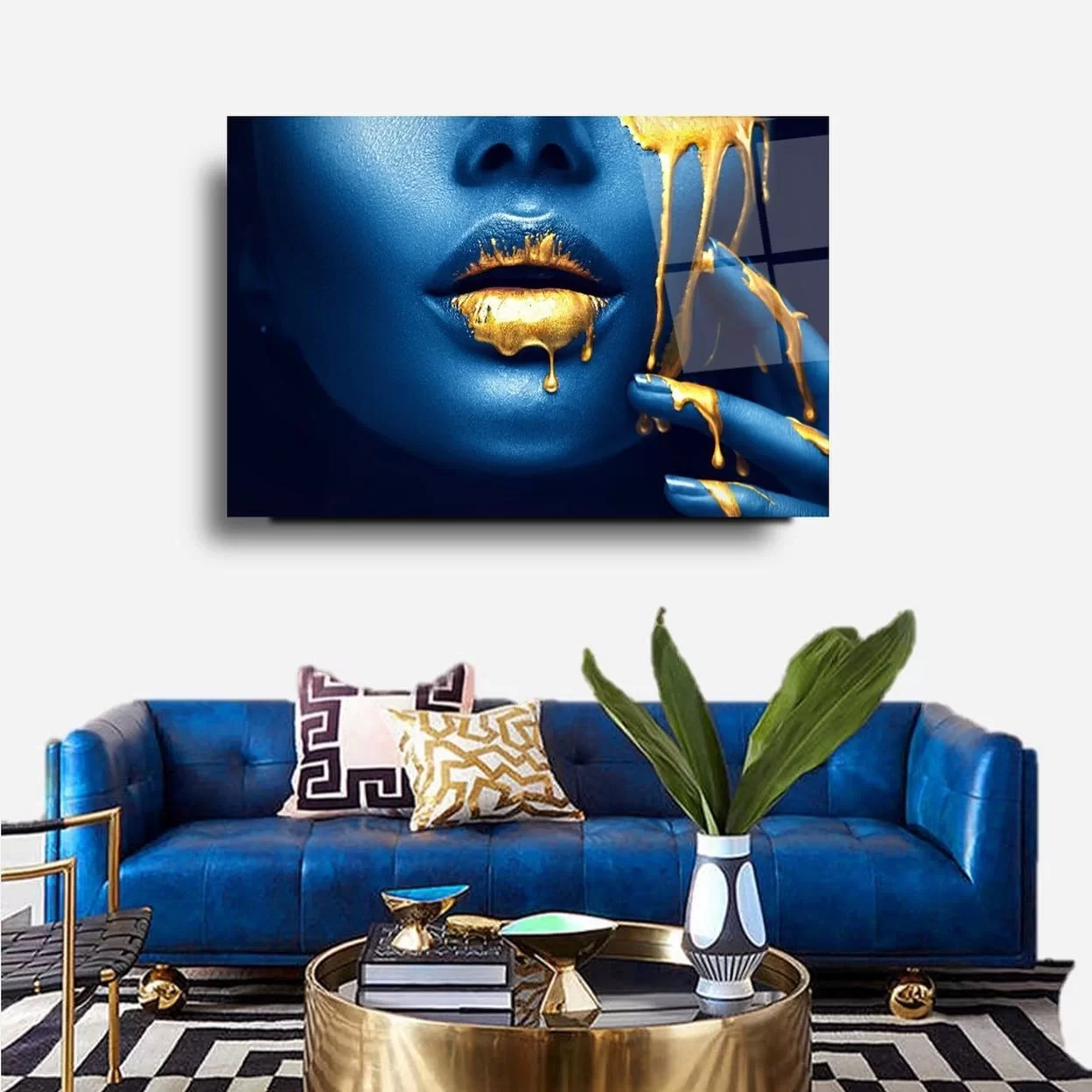 Blue Woman Gold Lipstick Artistic Glass Painting