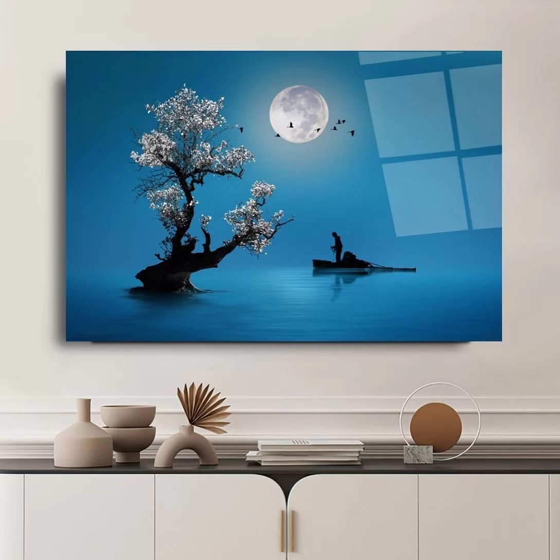 Blue Landscape Glass Painting