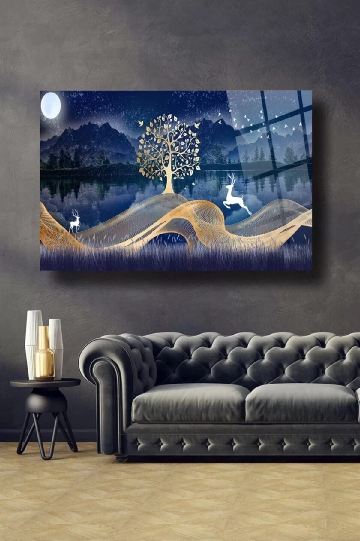 Blue Forest White Deer Glass Painting Wall Decoration