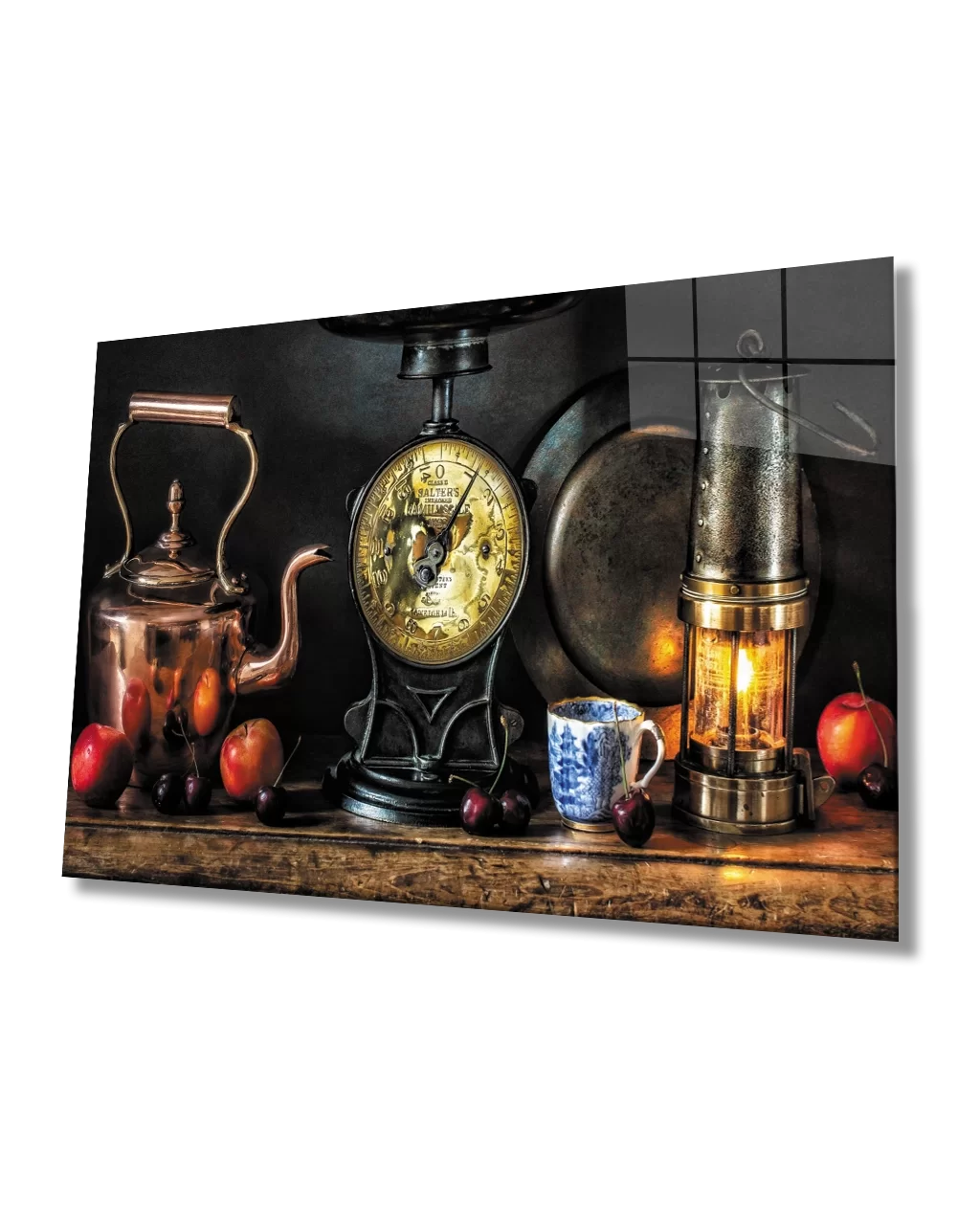 Still Life Glass Painting with Images of Fruits and Kitchen Ingredients