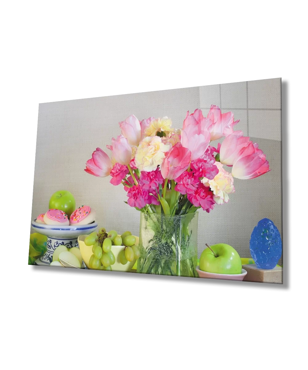 Fruits Pink Flowers Still Life Glass Painting