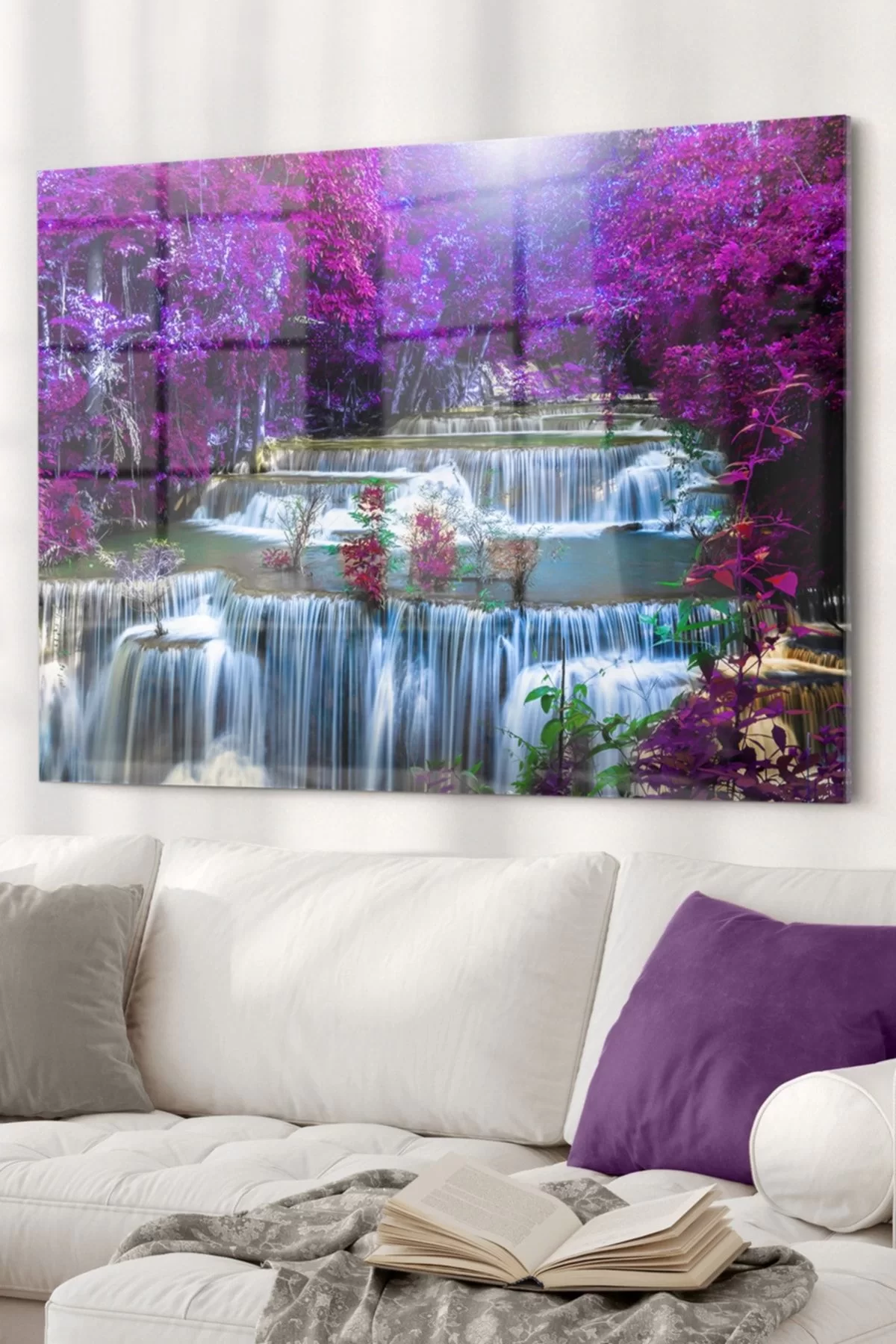 Purple Tree And Waterfall | Nature Themed Glass Painting | 50x70cm