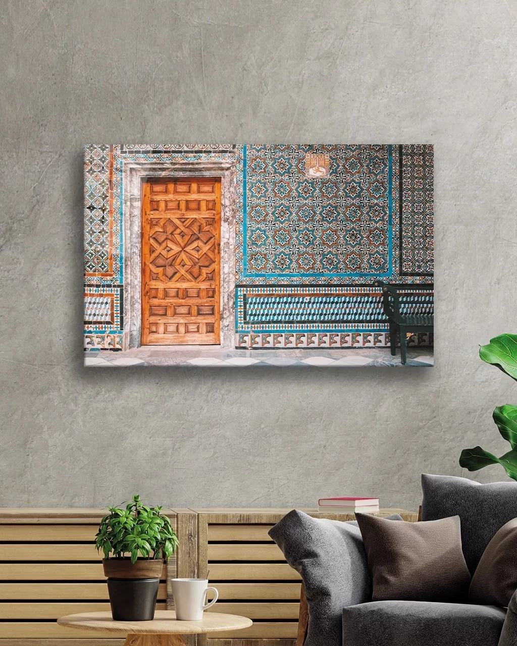 Motif Stone Walls and Wood Carved Door Glass Painting