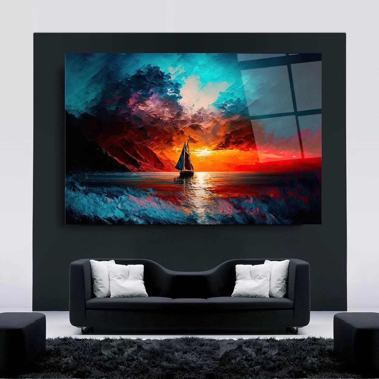 Magnificent Landscape Sailing Glass Painting