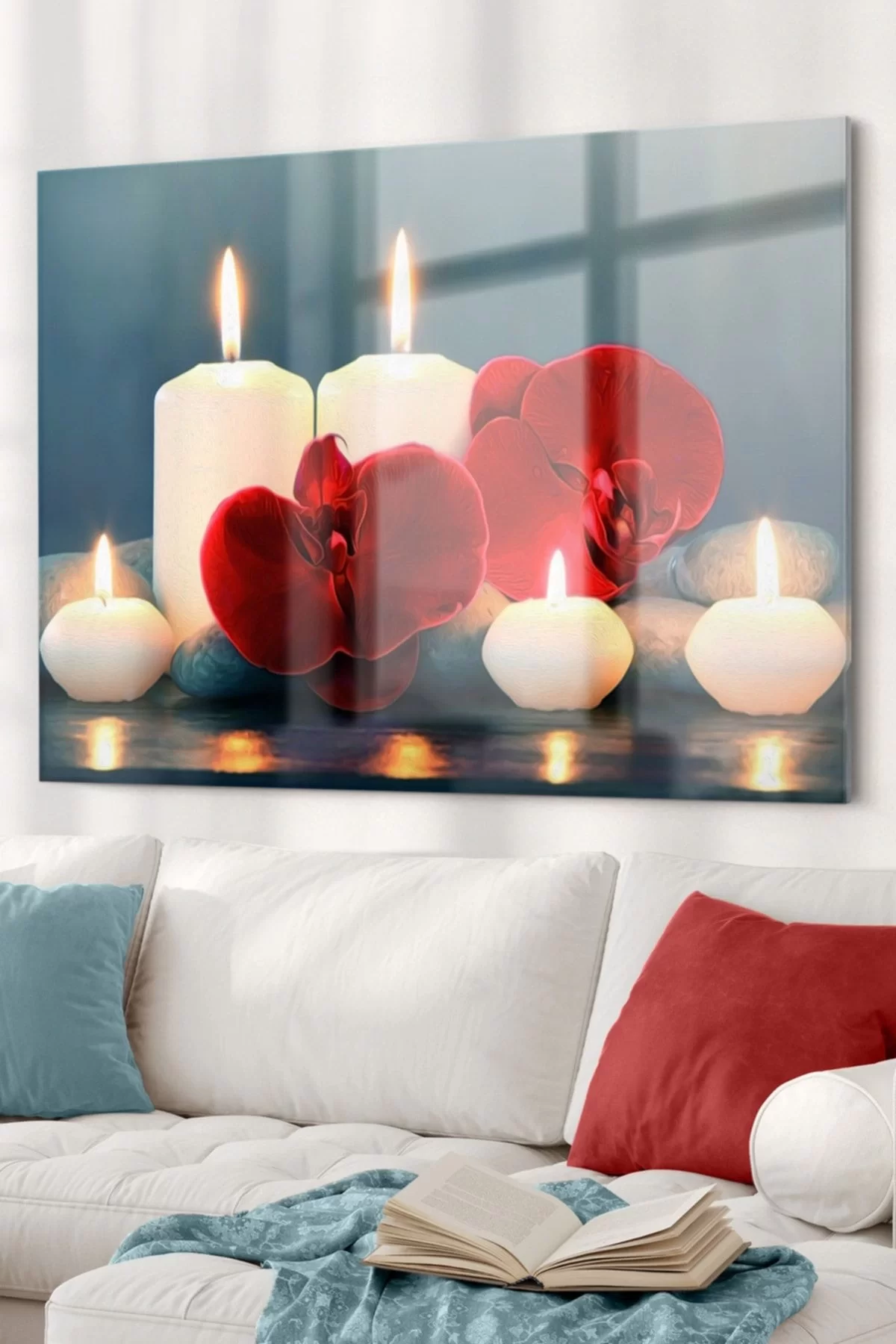 Candle And Red Flower | Candle Themed Glass Table | 50x70cm