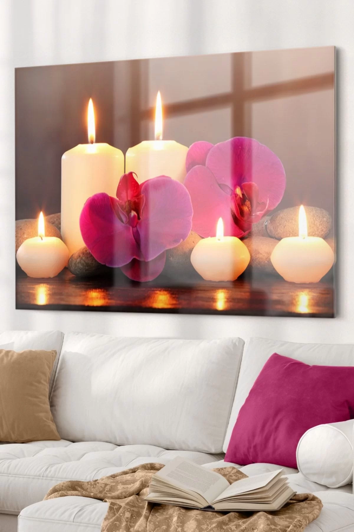 Candle And Pink Flower | Candle Themed Glass Table | 50x70cm