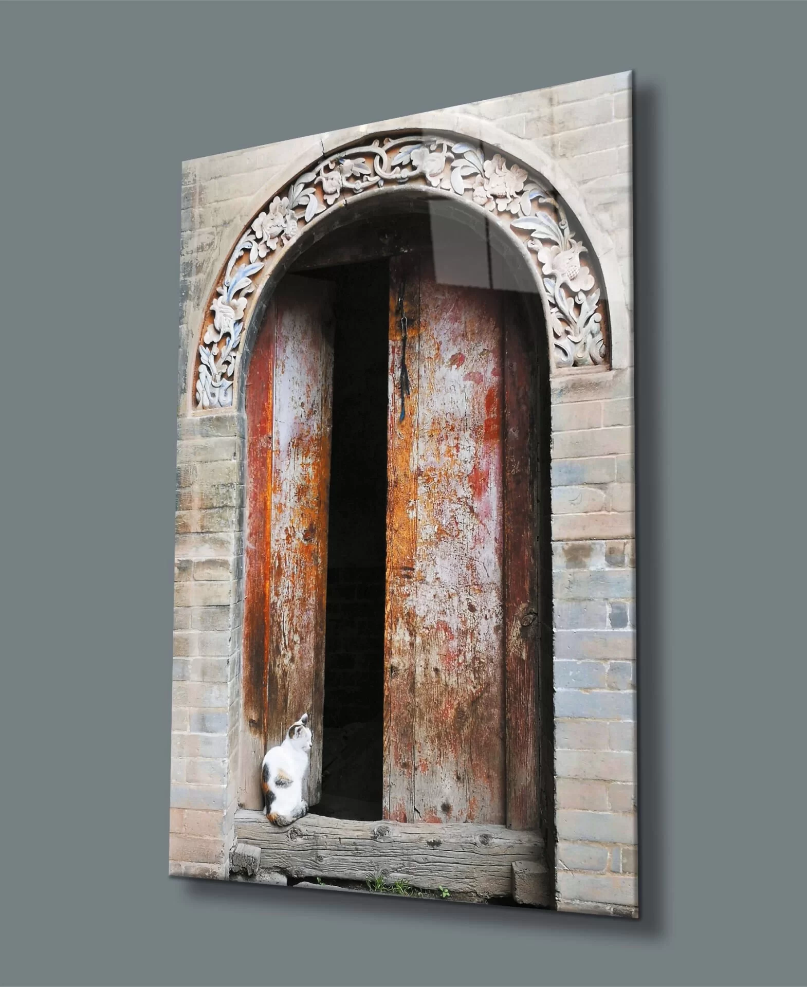 Carved Stone Arched Wooden Door and Cat Glass Table