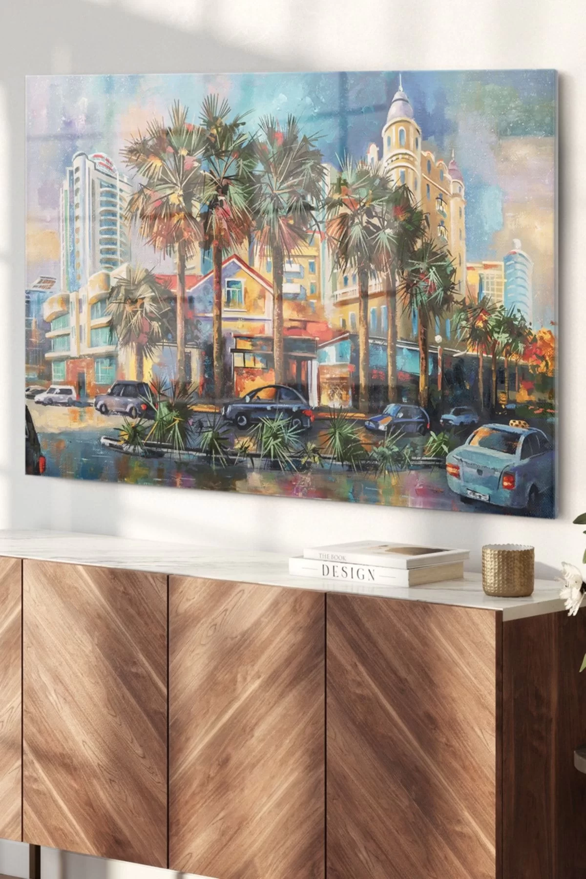 Palm Trees And The City | City Themed Glass Painting | 50x70cm