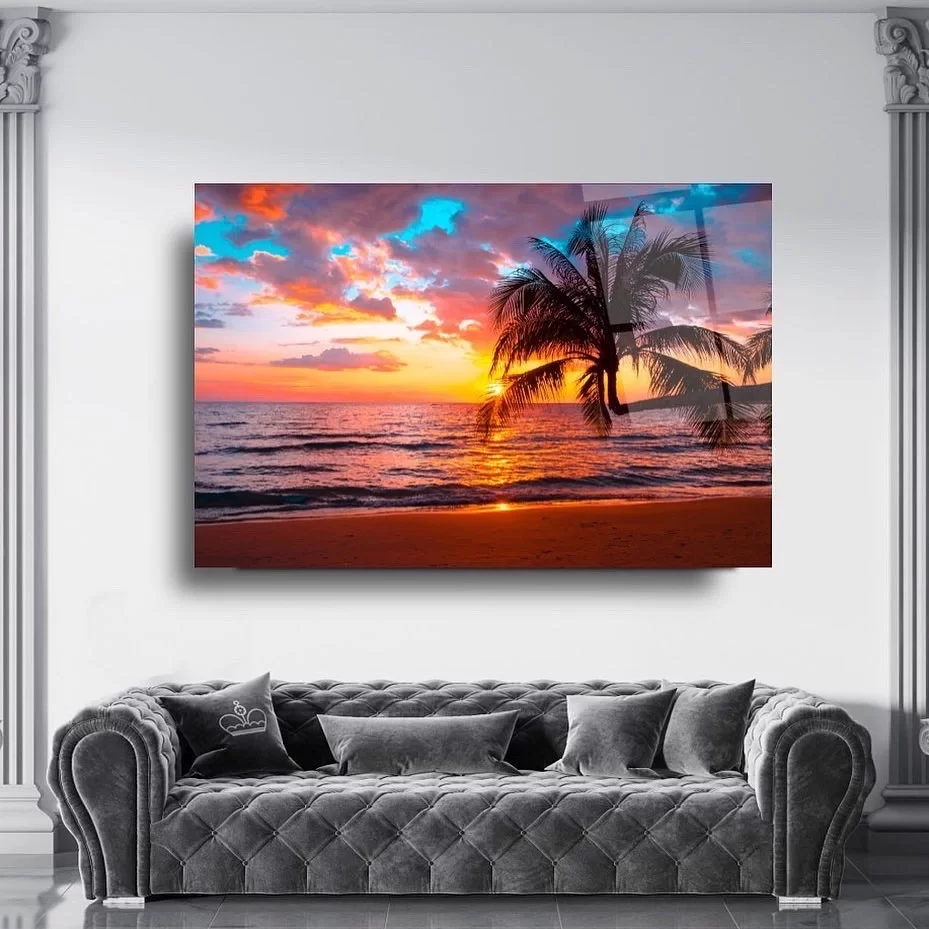 Palm Tree Sunset Seascape Artistic Glass Painting