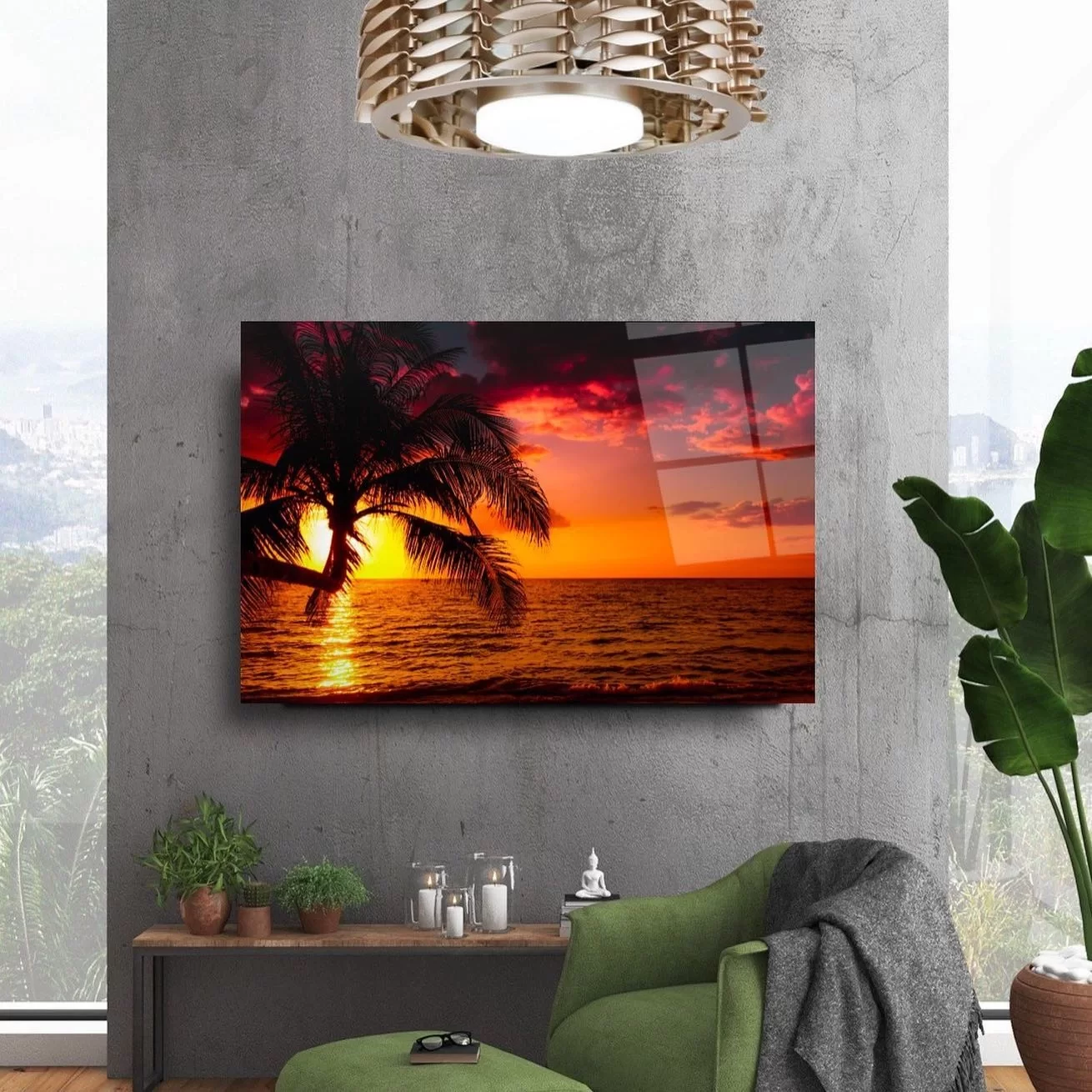 Palm Leaf Sunset Artistic Glass Painting