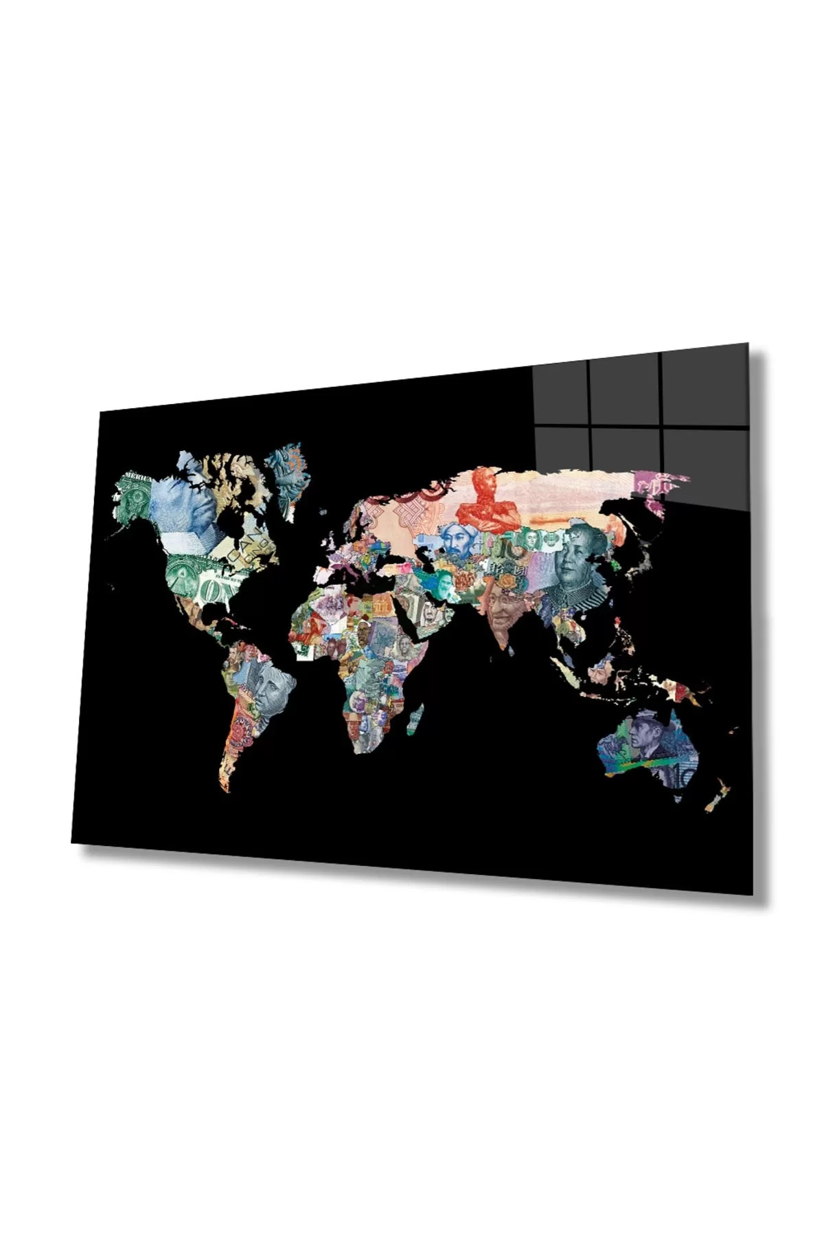 Money Patterned World Map Glass Painting, Home And Office Wall Decoration