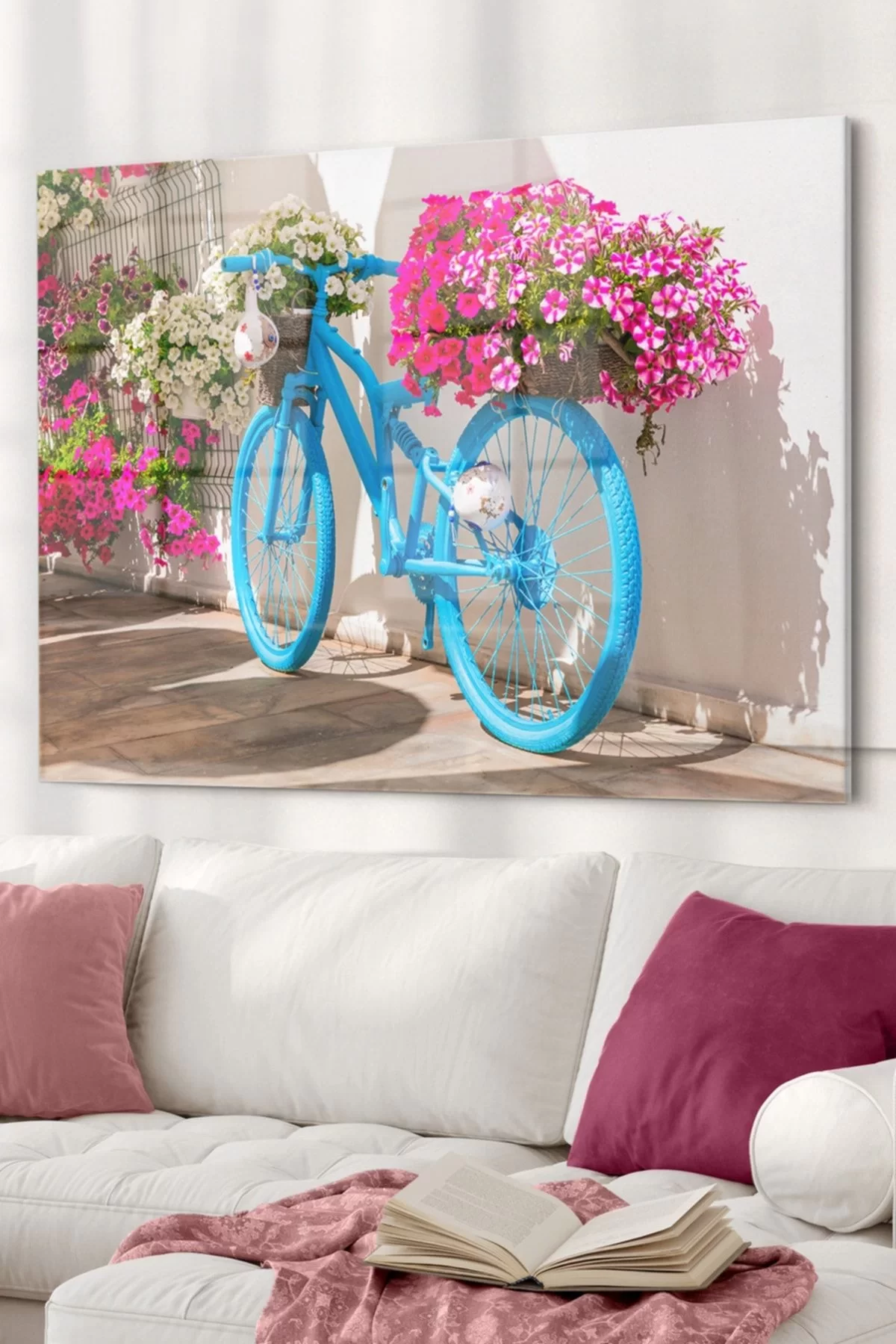 Pink Flower And Blue Bicycle | Flower Themed Glass Table | 50x70cm