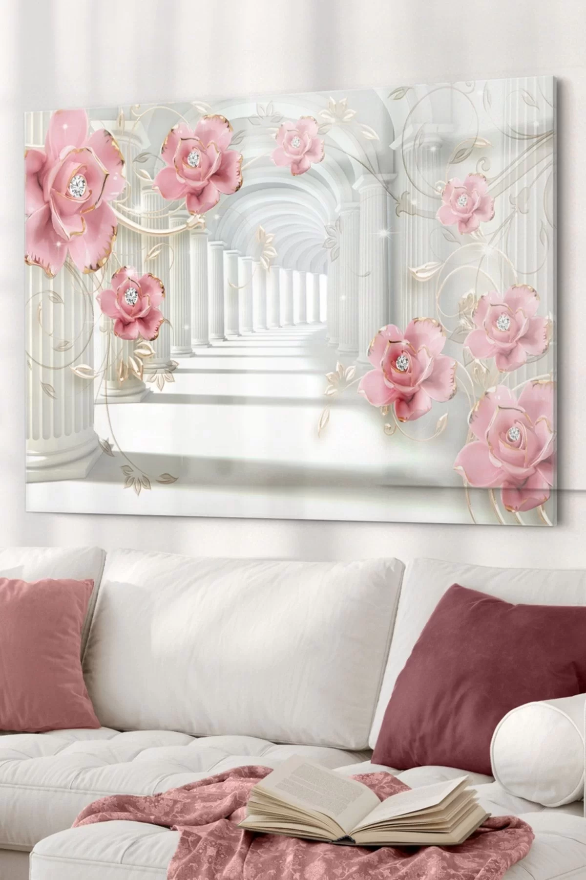 Pink Rose And Pearl | Flower Themed Glass Table | 50x70cm