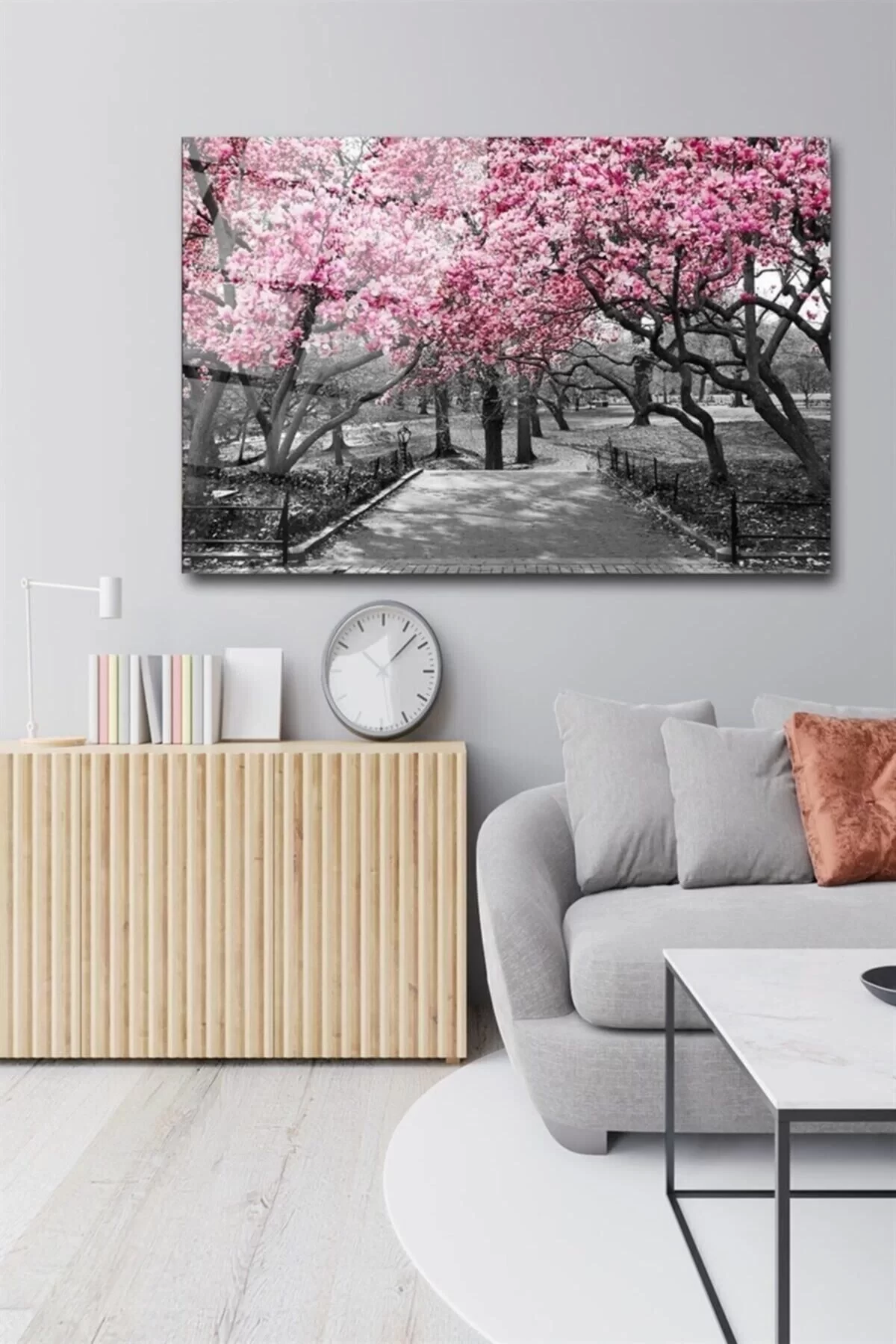 Pink Trumpet Trees Glass Painting Wall Decoration