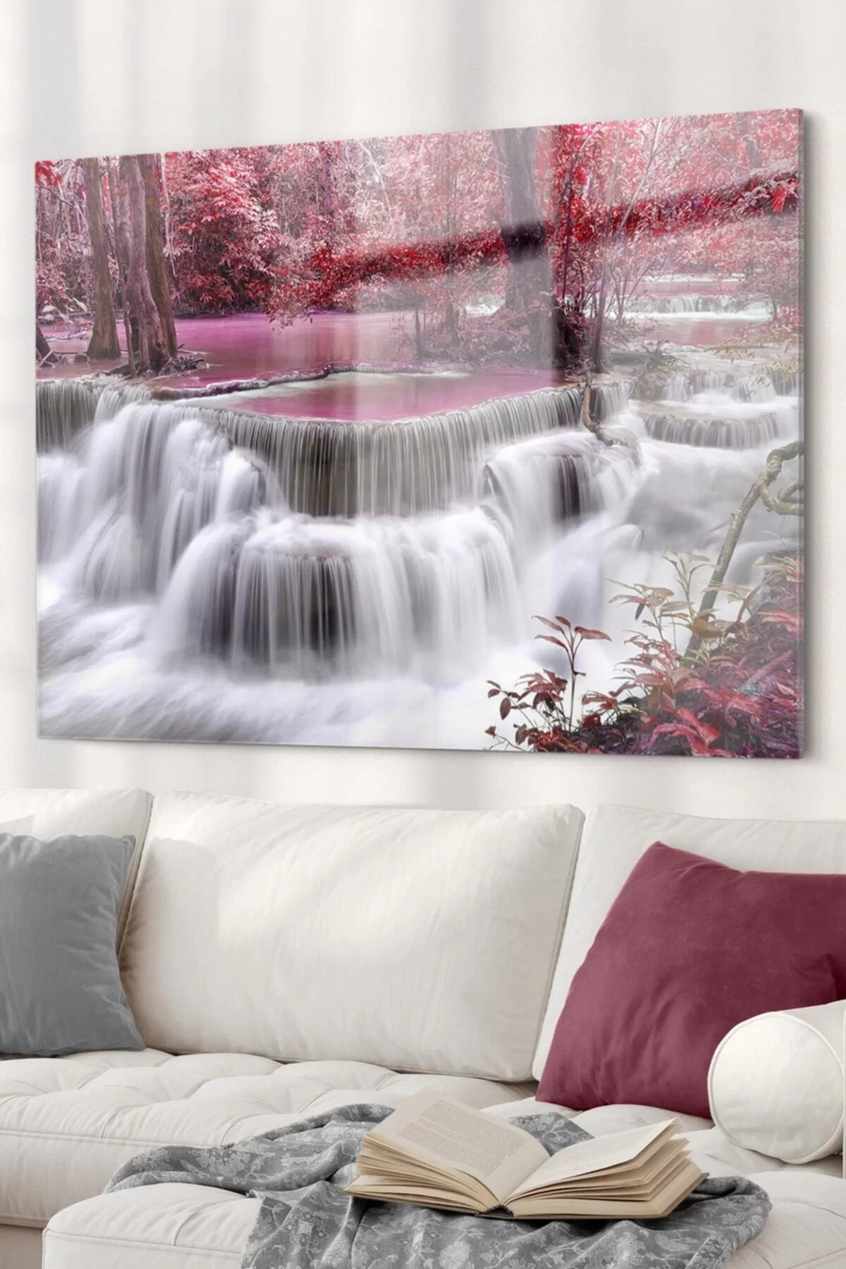 Window Waterfall And Pink Trees | Nature Themed Glass Painting | 50x70cm 5070olctm109