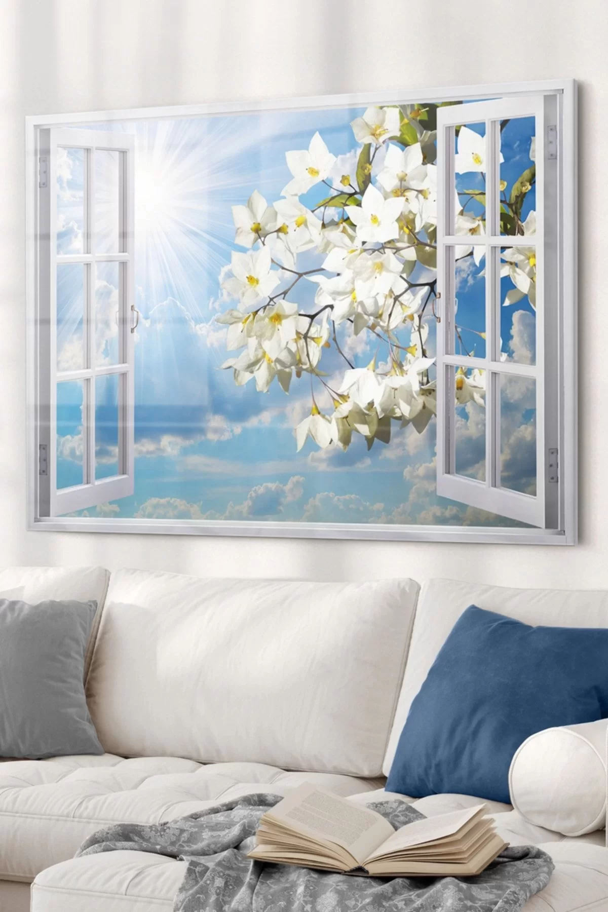 Window And White Flowers | Landscape Themed Glass Painting | 50x70cm