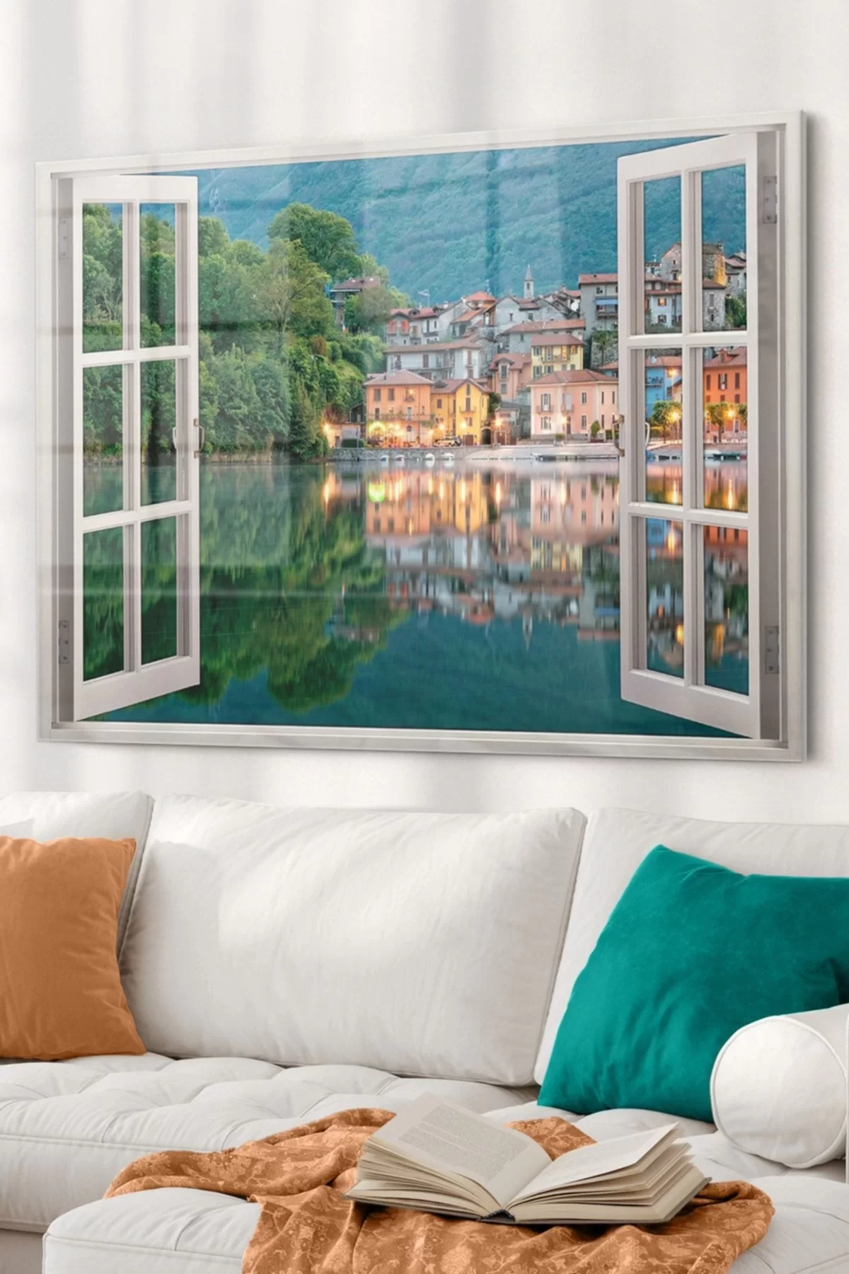 Window And City Green Blue| Landscape Themed Glass Painting | 50x70cm