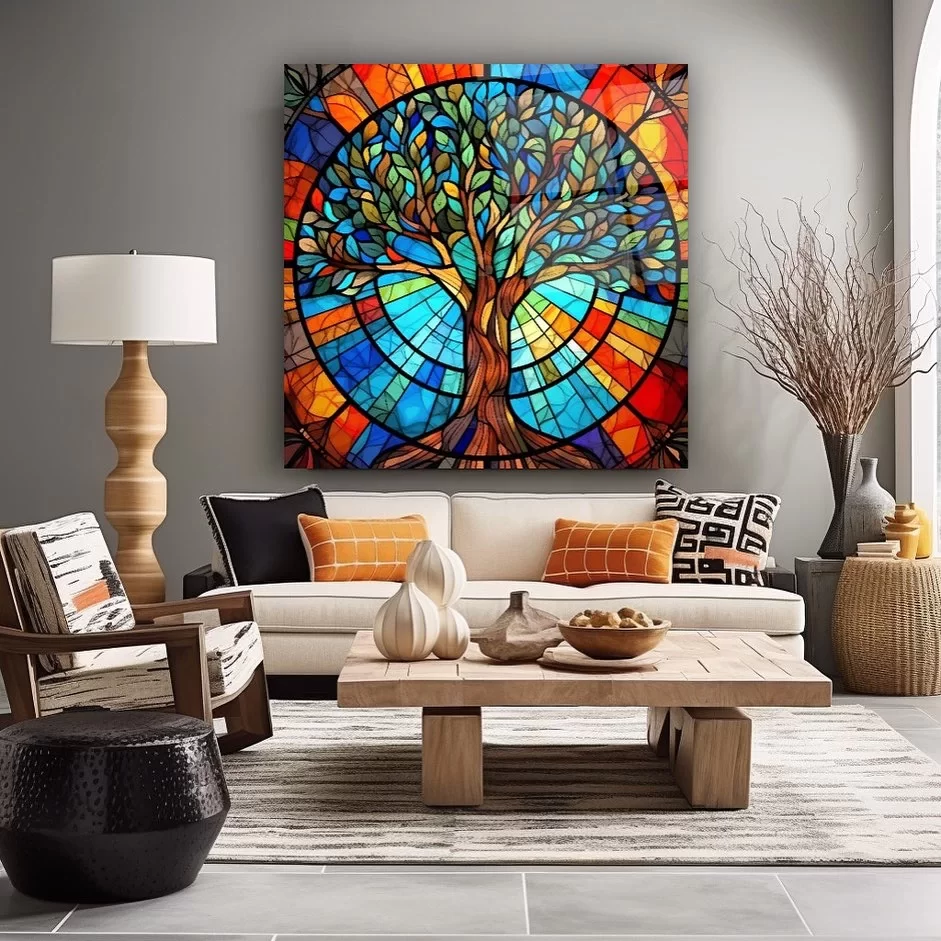 Colorful Tree Themed Artistic Glass Painting