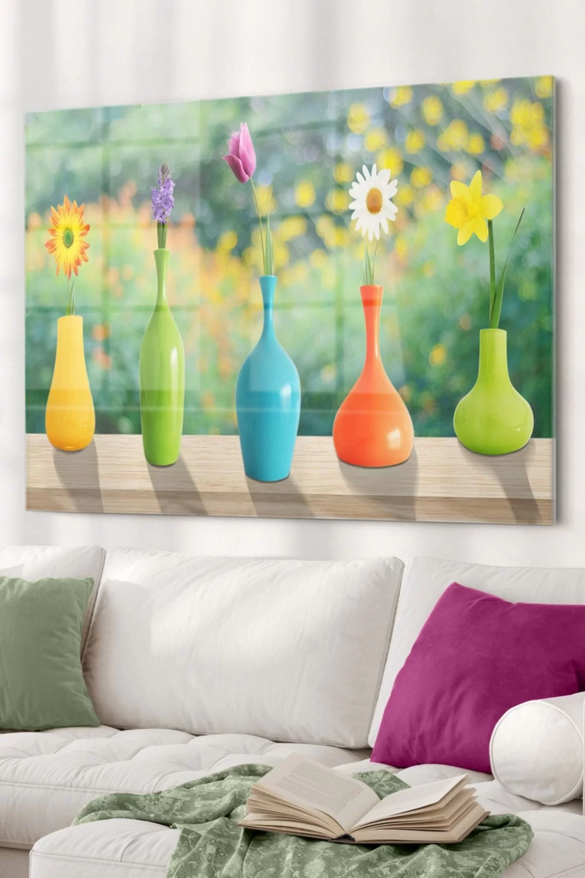 Colorful Flowers and Vases | Nature Themed Glass Painting | 50x70cm