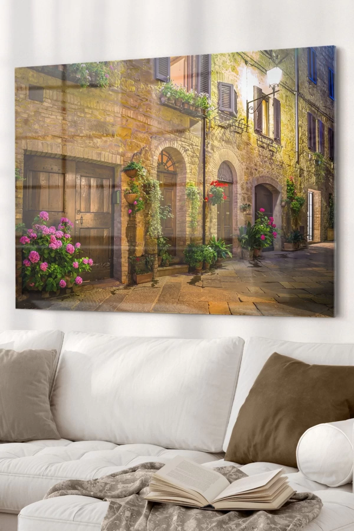 Stone House with Colorful Flowers | City Themed Glass Painting | 50x70cm