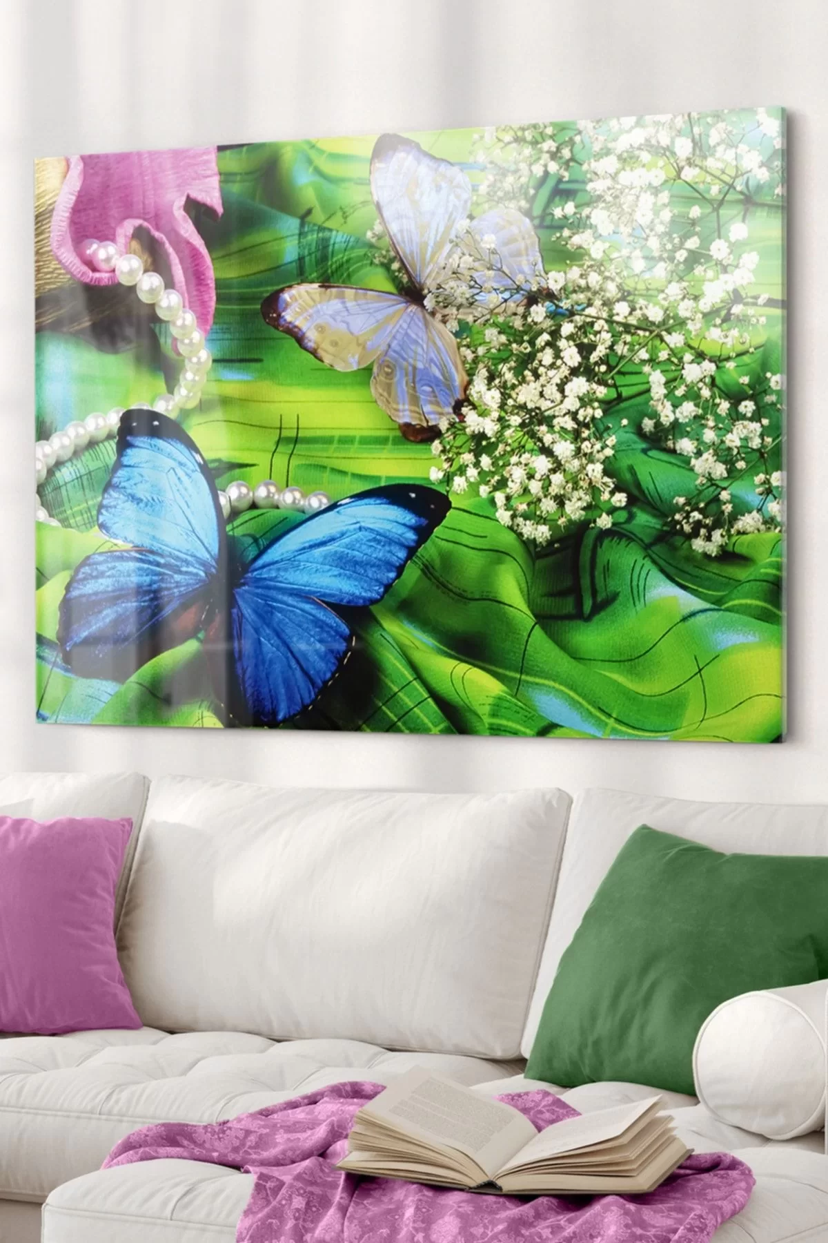 Colorful Butterfly And Pearl | Animal Themed Glass Painting | 50x70cm