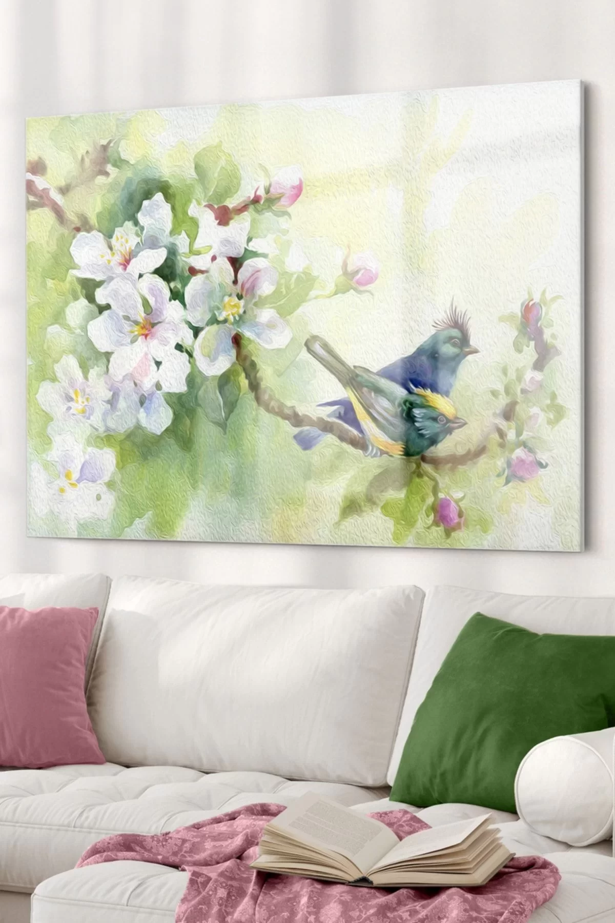 Colorful Birds and Apricot Flowers | Animal Themed Glass Painting | 50x70cm