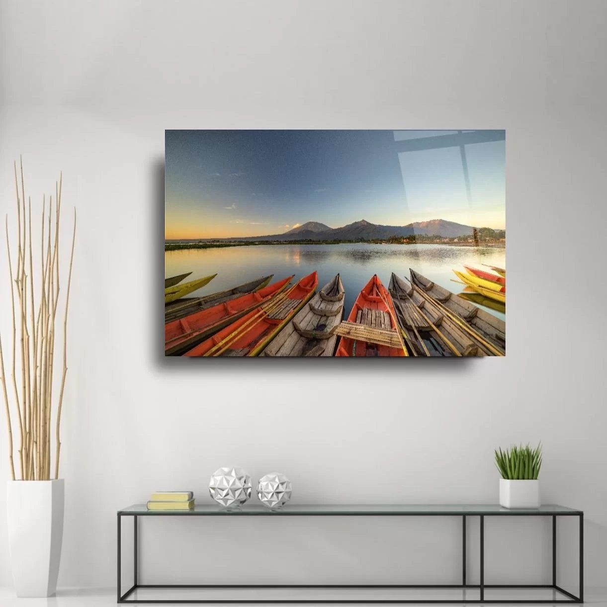 Colorful Boats Sunset Seascape Artistic Glass Painting