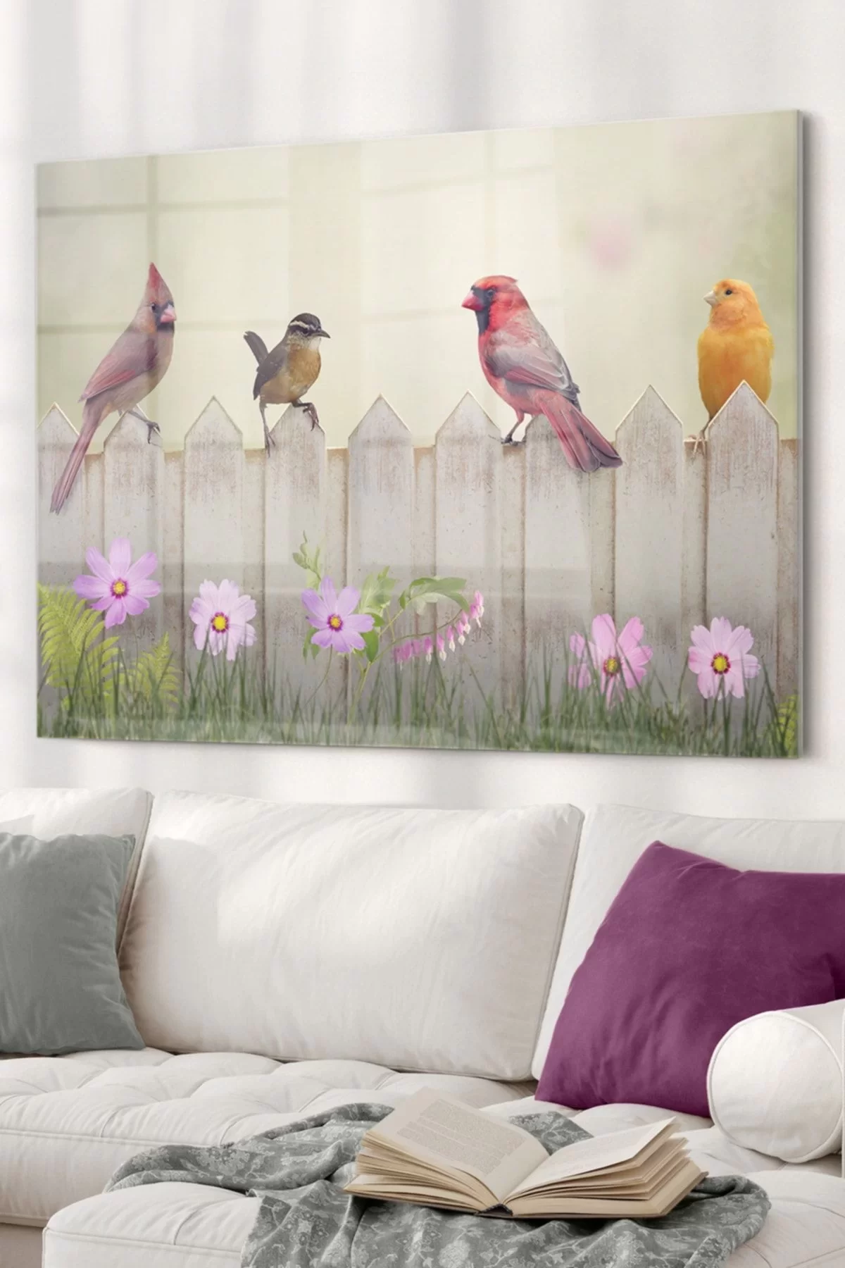 Colorful Sparrows And Pink Flowers | Animal Themed Glass Painting | 50x70cm