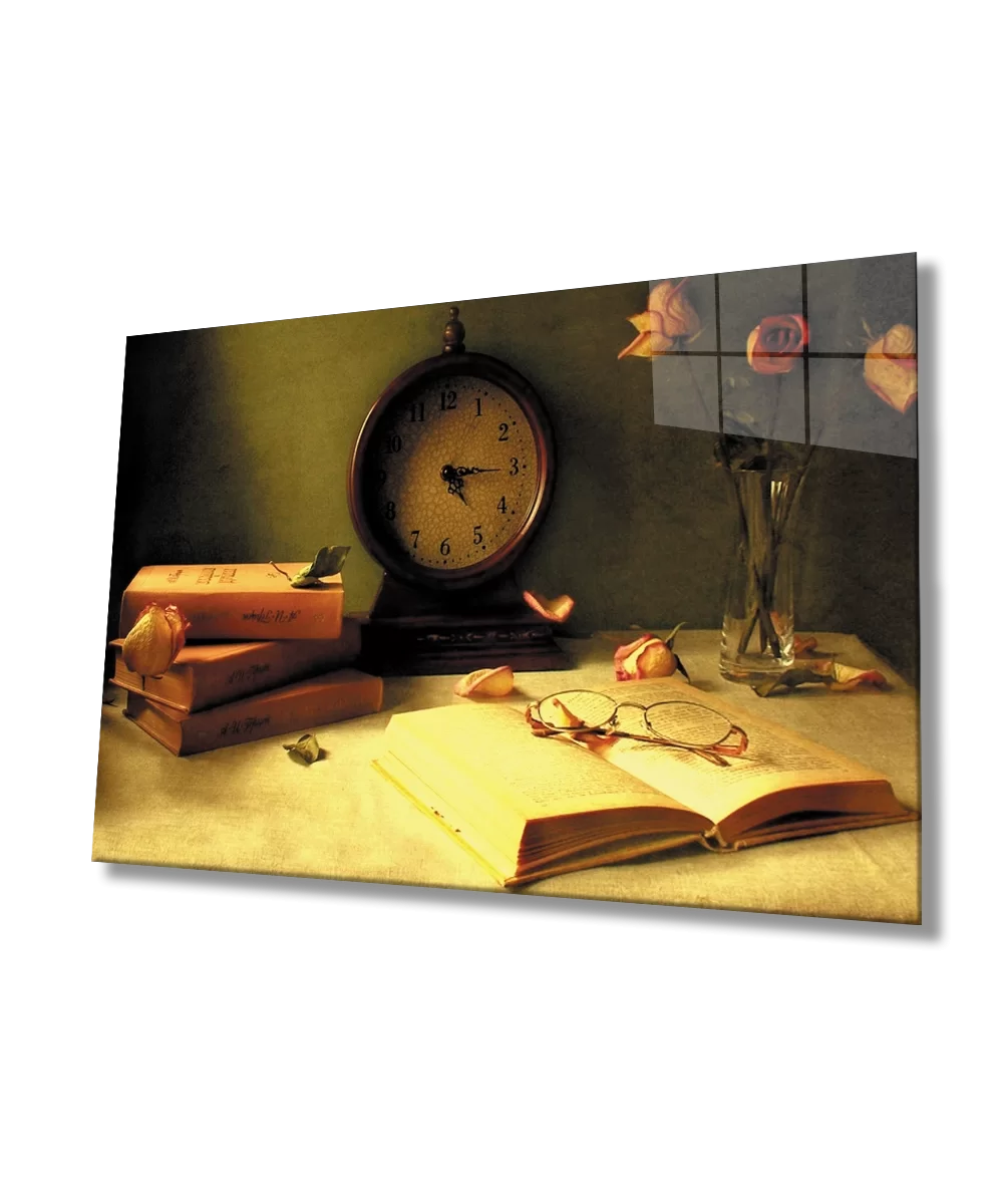 Clock Book Flower Still Life Glass Painting