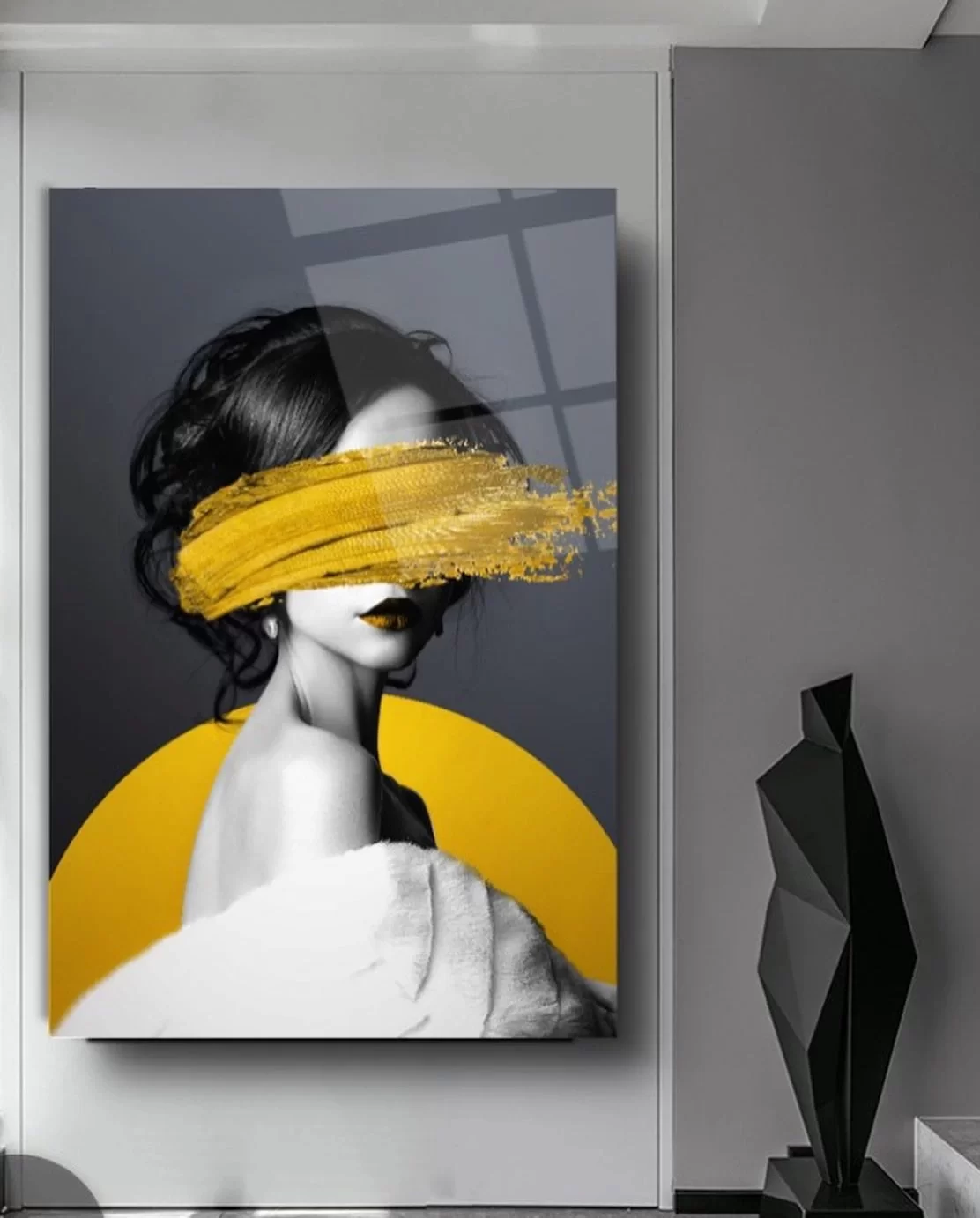 Yellow Paint Closed Eye Woman Artistic Glass Painting