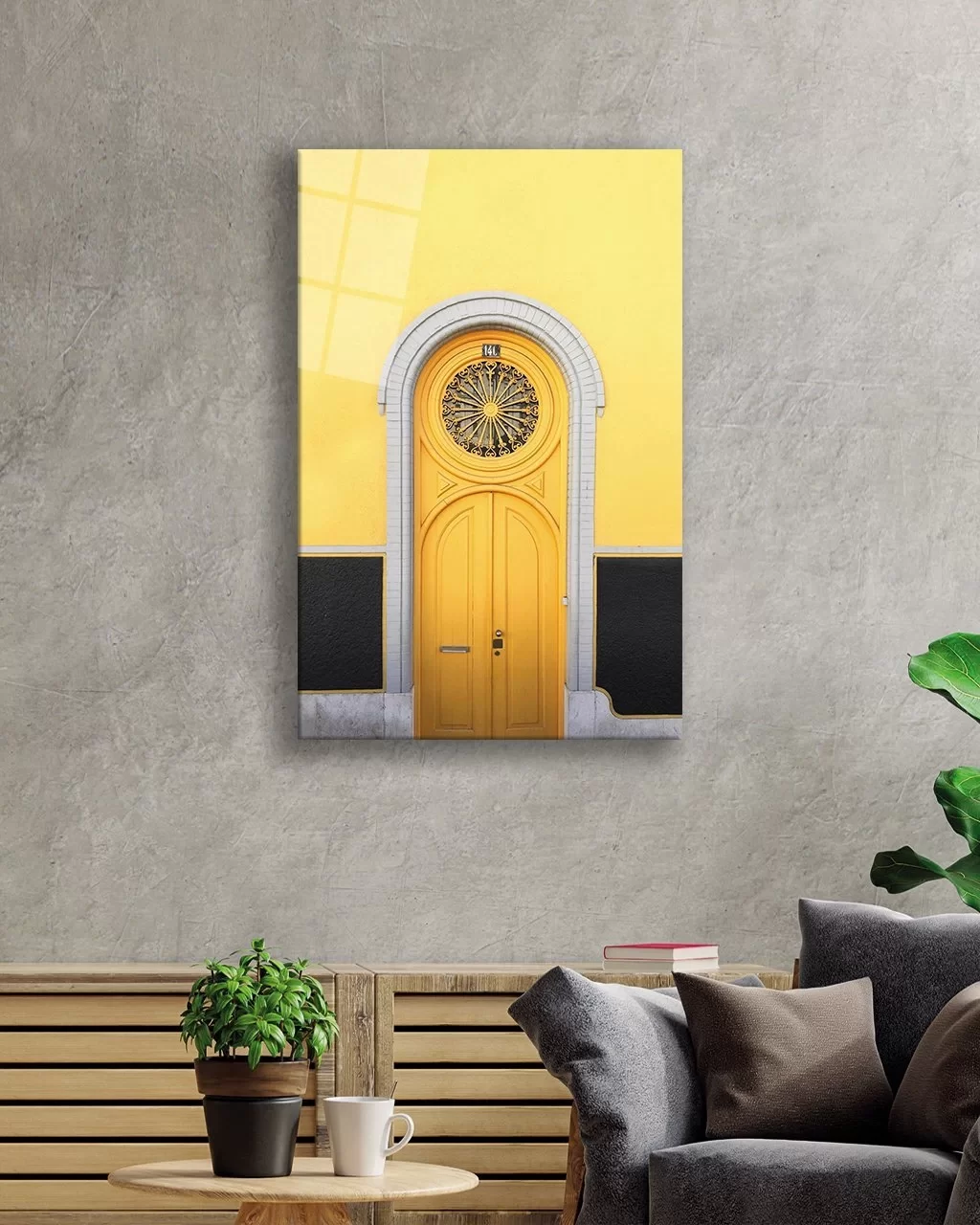 Glass Painting with Yellow Arched Wooden Door Image