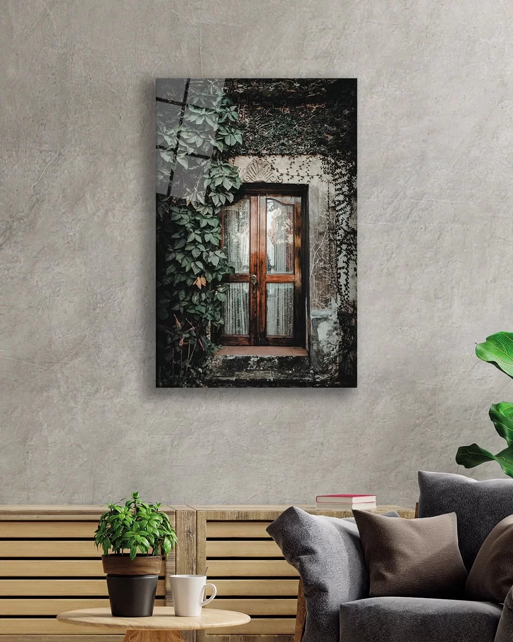 Vertical Glass Painting with Vines and Old Door Image