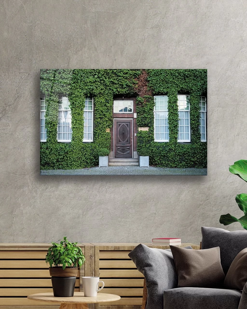 House with Ivy and Carved Door Glass Painting