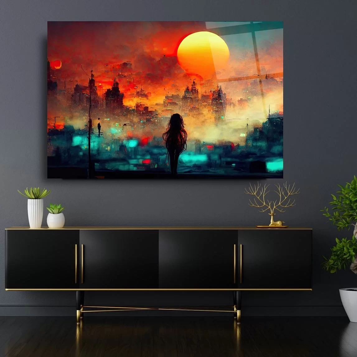 City Chaos Sunset Artistic Glass Painting