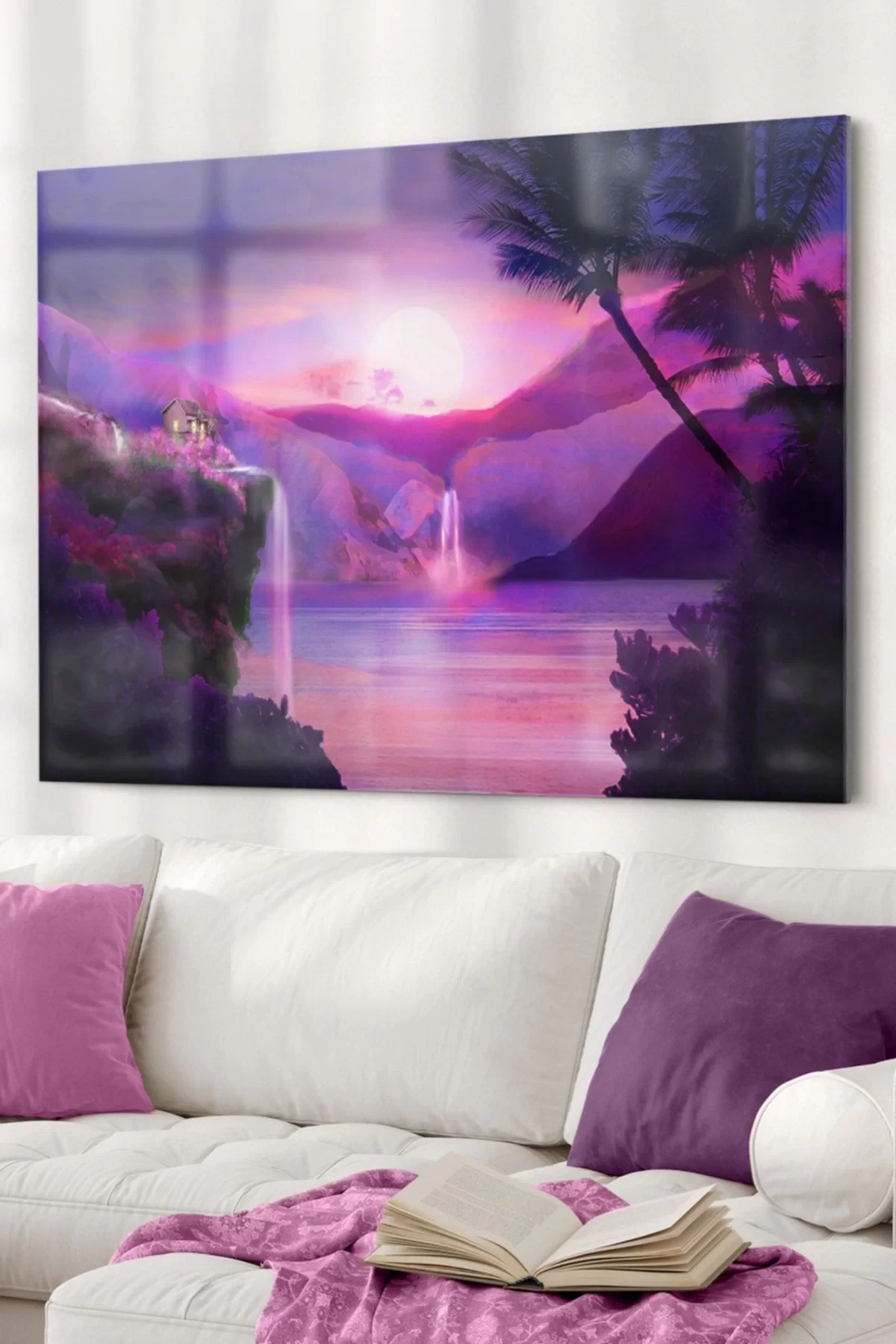 Waterfall And Purple Sunset | Nature Themed Glass Painting | 50x70cm