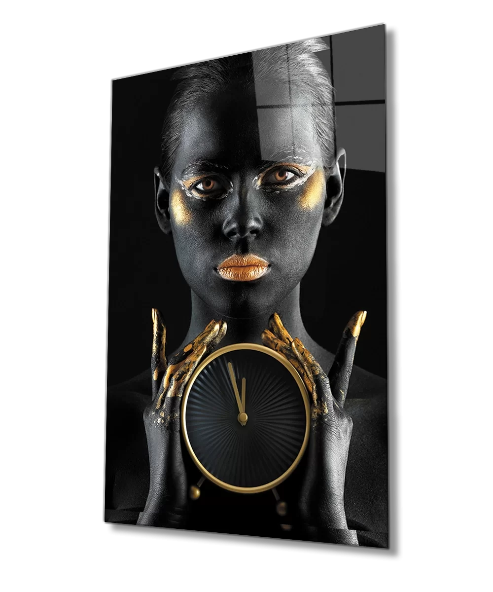 Woman with Black Gold Painted Clock Glass Painting