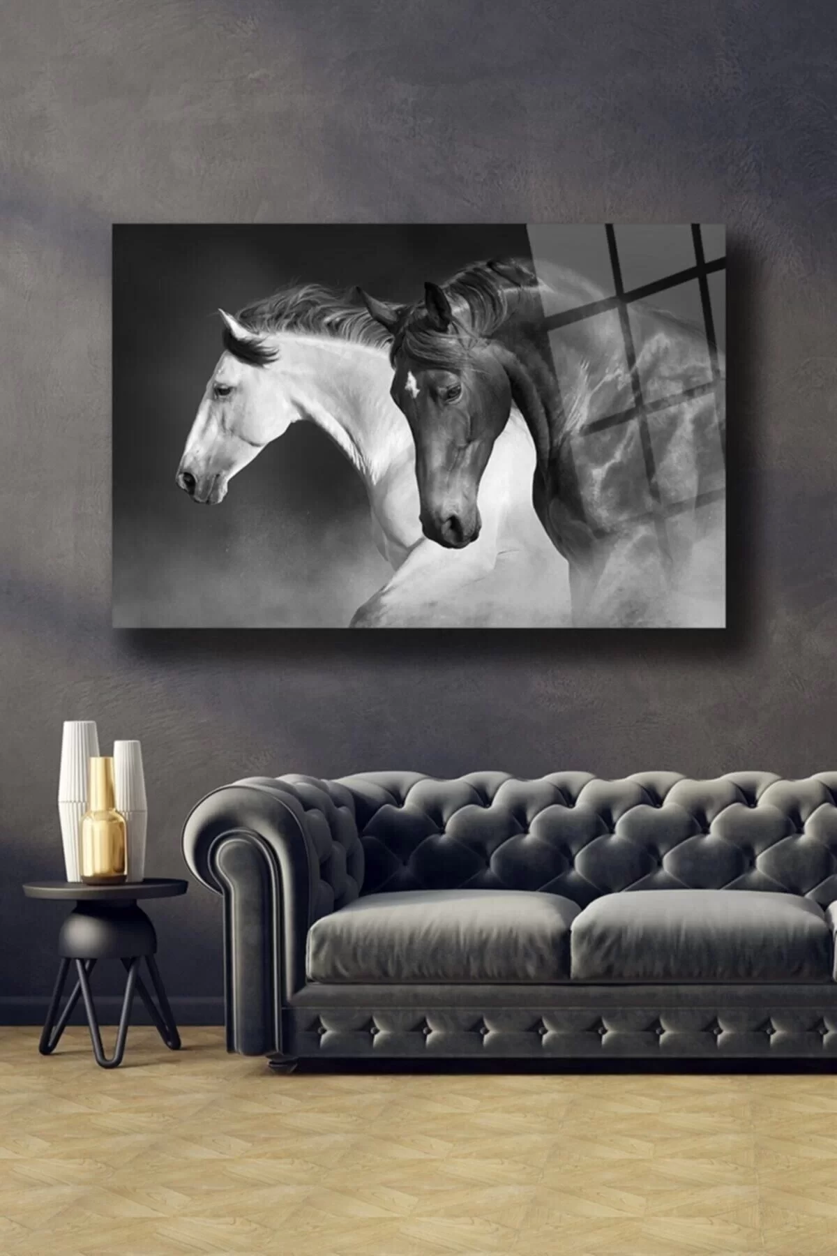 Black and White Horses Glass Painting Wall Decoration