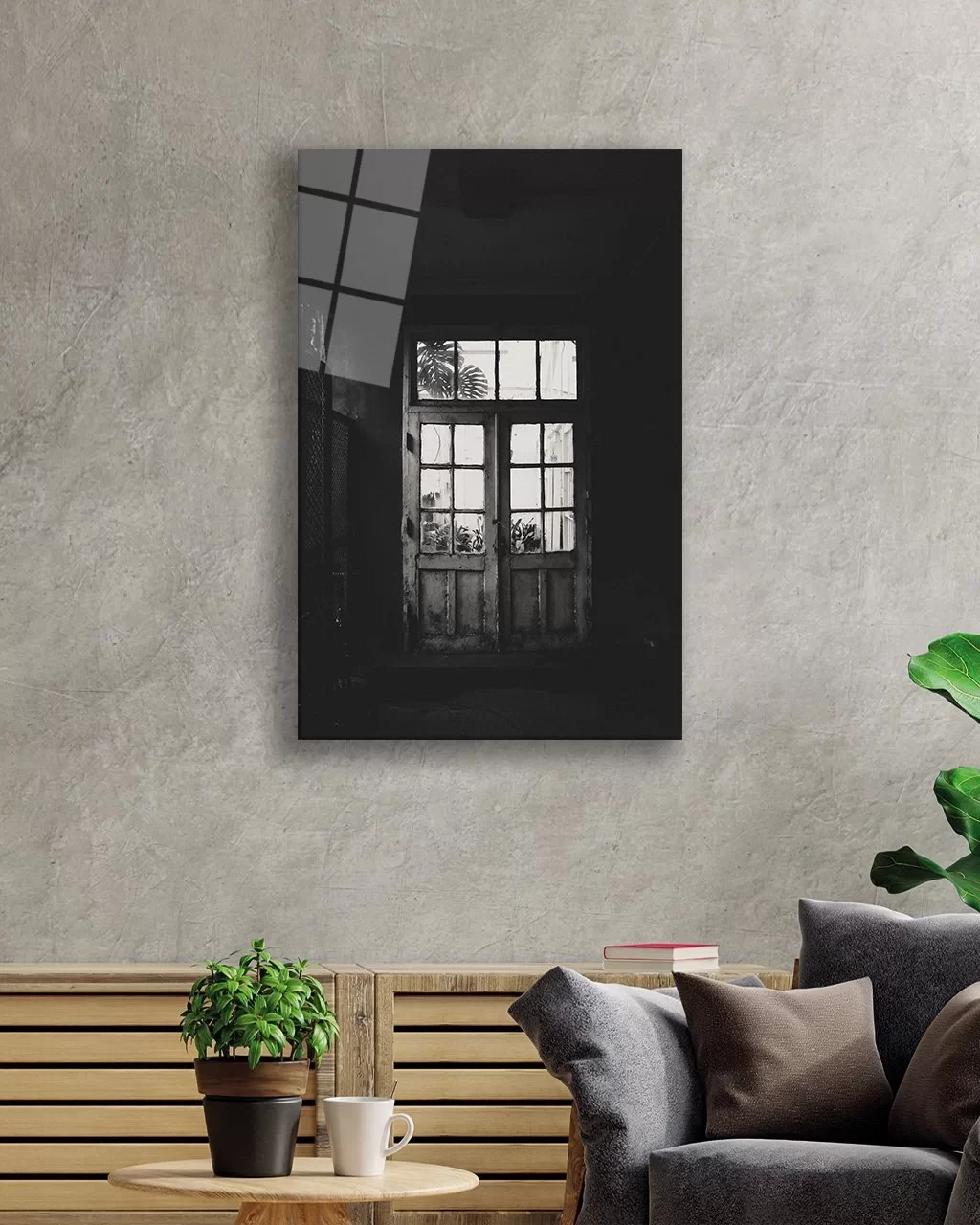 Vertical Glass Painting with Black and White Old Door Image