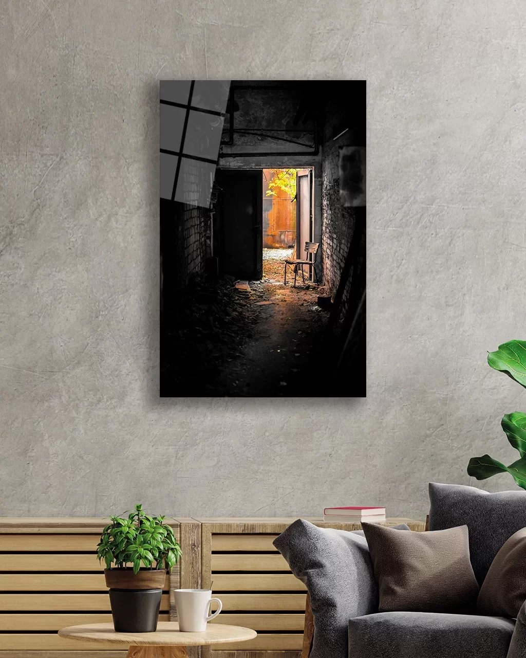 Vertical Glass Painting with Black and White Old Door Image